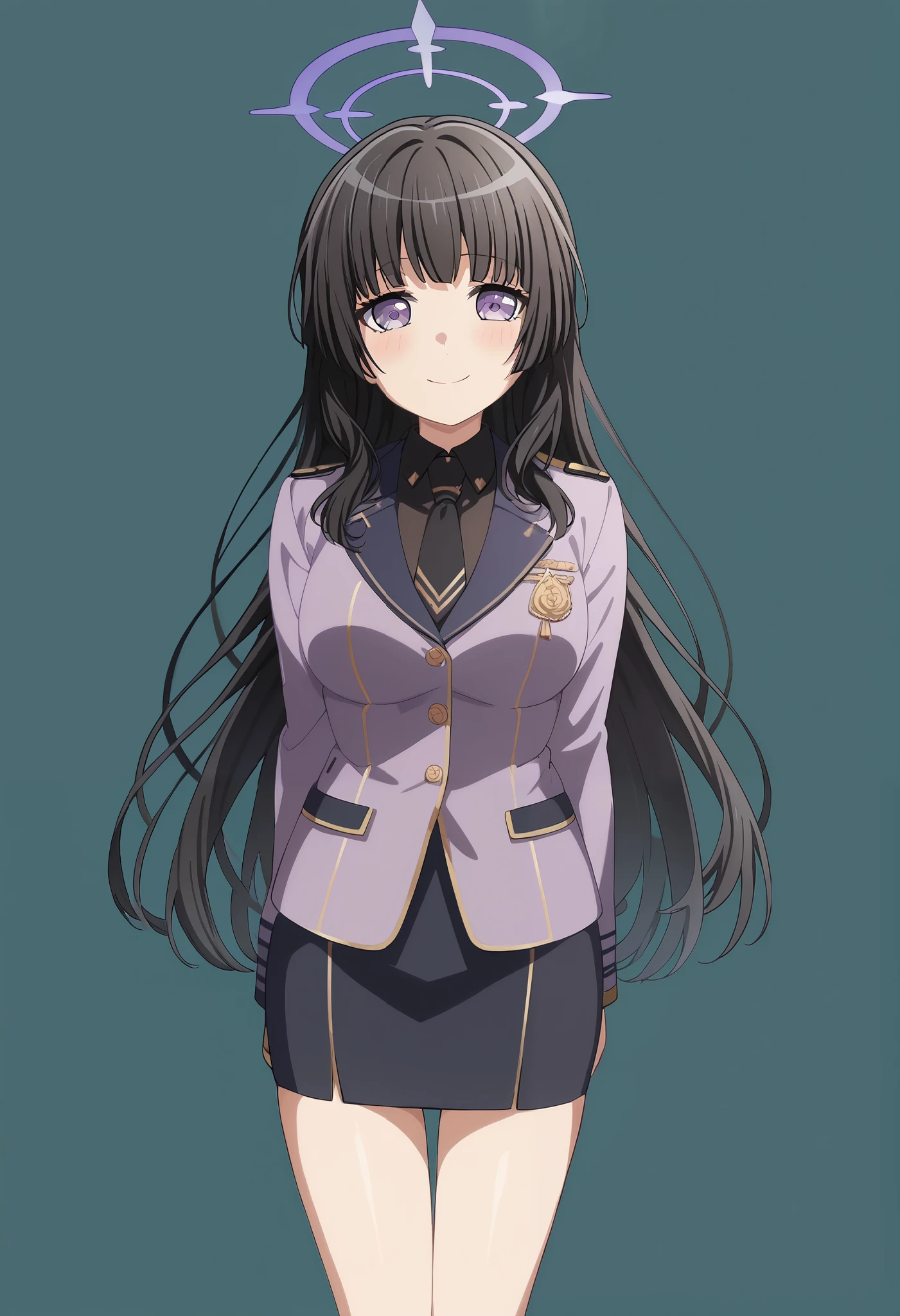score_9, score_8_up, score_7_up, source_anime,masterpiece, anime screenshot, anime coloring, screencap, best quality, (official style:1.2), best quality, high quality, (Intricate detailed:1.2), (solo:1.2) 1girl,srknrnkcasual, shirokane rinko, halo, blue archive , black hair,very long hair, Purple eyes, large breast, black shirt, Purple blazer jacket, Black tie Pencil skirt, smile, standing, Thigh, Simple background, White background, sidelock From the front, Arms back,