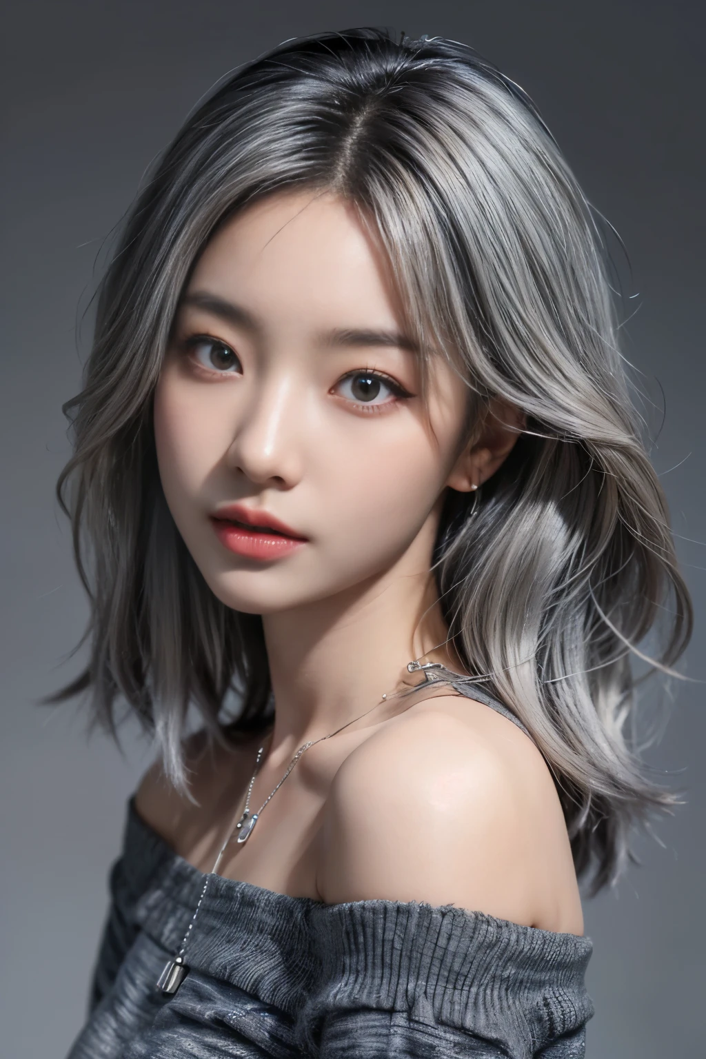 ((Masterpiece, best quality, super detailed, 4k, RAW Photo, photo-realistic)), 1 asian girl, thin face, slim body, ((grey ombre hair color)), wavy hair with layers, big nose, perfect eyes, perfect face, black t-shirt, off shoulder, wearing necklace with small pendant, earings, realistic background, pale skin