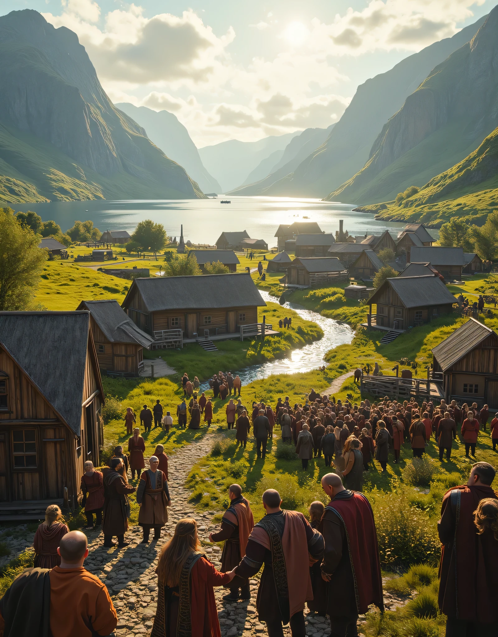 **Prompt:** Envision a captivating landscape of a lively Viking village nestled beside a serene fjord, where jubilant villagers come together in a vibrant community gathering. Capture this moment with hyper-realism and a symmetrical composition, showcasing the joy radiating from their interactions. Utilize an ultra-wide angle to envelop the viewer in the scene, with lush green meadows and rustic wooden longhouses set against a backdrop of towering mountains. Each villager, donned in intricately designed tunics, engages in friendly handshakes and hearty laughter, emphasizing the warmth and camaraderie of their society. Use dynamic leading lines created by winding paths and flowing rivers to guide the viewer's eye through the bustling village life. Employ a rich UHD ambiance with a mixed lighting concept, casting soft golden hues that enhance the warmth of their smiles. Focus on the accurate portrayal of human anatomy, particularly the expressive gestures of their hands as they warmly greet one another. Pull back to reveal the entire village thriving in harmony, ensuring depth of field underscores the visual richness of this peaceful scene. Implement sophisticated 3D CGI textures to bring the Viking community to life, crafting a dazzling piece of FantasyPunkAi Artwork that invites viewers to immerse themselves in the joyous spirit of this medieval age.