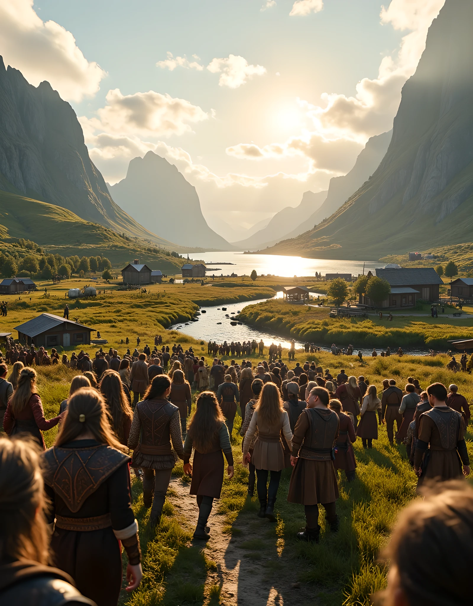 **Prompt:** Envision a captivating landscape of a lively Viking village nestled beside a serene fjord, where jubilant villagers come together in a vibrant community gathering. Capture this moment with hyper-realism and a symmetrical composition, showcasing the joy radiating from their interactions. Utilize an ultra-wide angle to envelop the viewer in the scene, with lush green meadows and rustic wooden longhouses set against a backdrop of towering mountains. Each villager, donned in intricately designed tunics, engages in friendly handshakes and hearty laughter, emphasizing the warmth and camaraderie of their society. Use dynamic leading lines created by winding paths and flowing rivers to guide the viewer's eye through the bustling village life. Employ a rich UHD ambiance with a mixed lighting concept, casting soft golden hues that enhance the warmth of their smiles. Focus on the accurate portrayal of human anatomy, particularly the expressive gestures of their hands as they warmly greet one another. Pull back to reveal the entire village thriving in harmony, ensuring depth of field underscores the visual richness of this peaceful scene. Implement sophisticated 3D CGI textures to bring the Viking community to life, crafting a dazzling piece of FantasyPunkAi Artwork that invites viewers to immerse themselves in the joyous spirit of this medieval age.