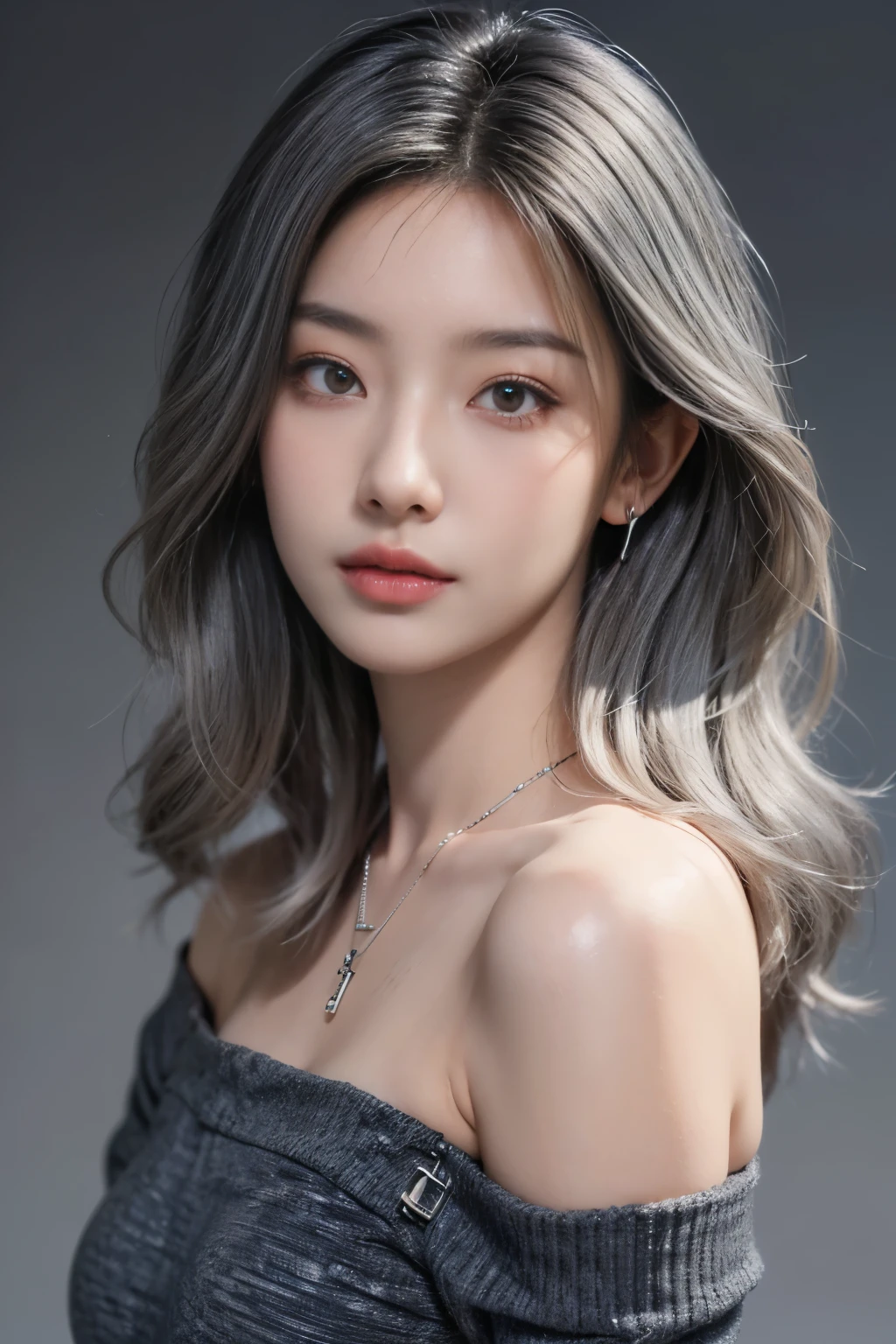 ((Masterpiece, best quality, super detailed, 4k, RAW Photo, photo-realistic)), 1 asian girl, thin face, slim body, ((grey ombre hair color)), wavy hair with layers, big nose, perfect eyes, perfect face, black t-shirt, off shoulder, wearing necklace with small pendant, earings, realistic background, pale skin
