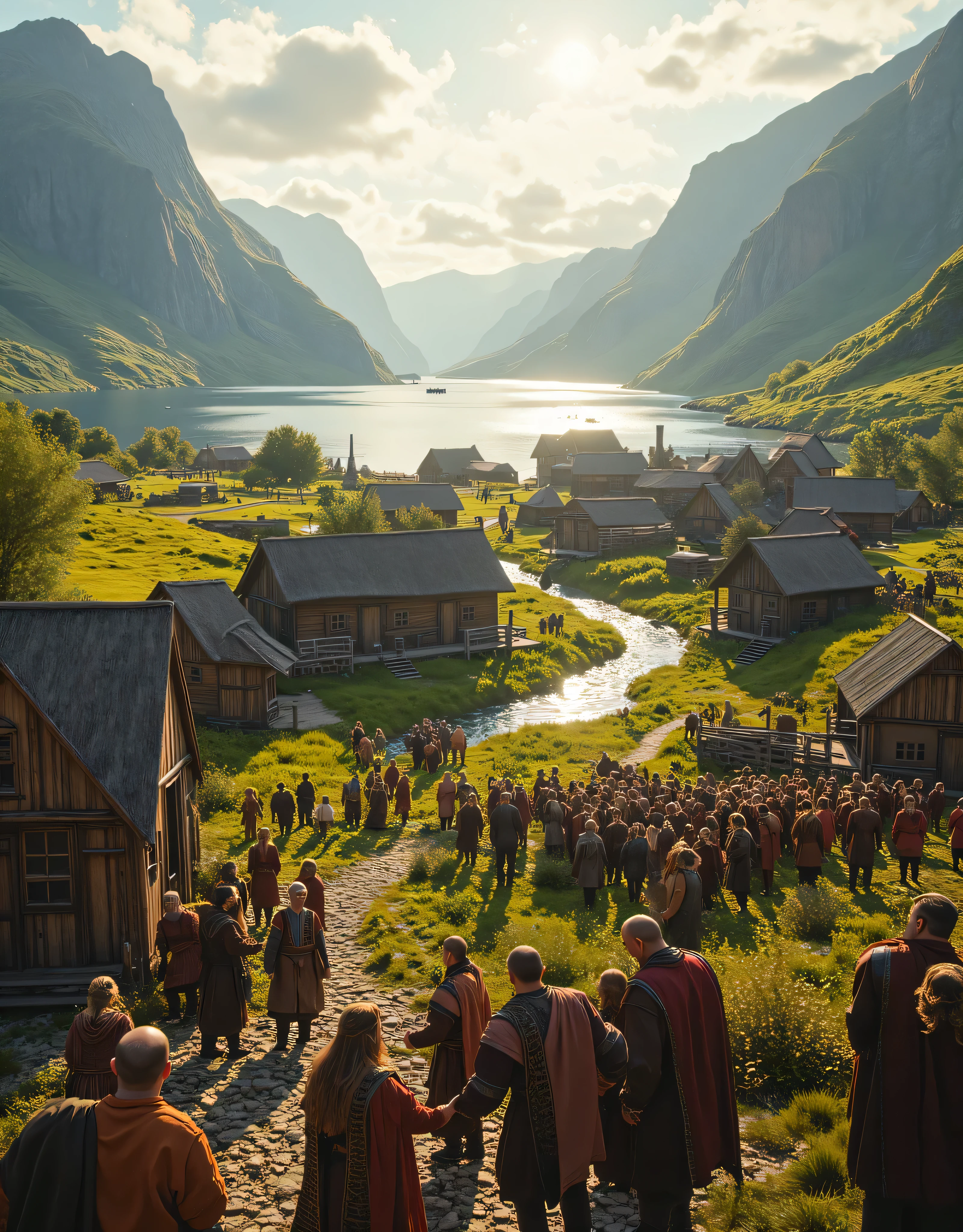 **Prompt:** Envision a captivating landscape of a lively Viking village nestled beside a serene fjord, where jubilant villagers come together in a vibrant community gathering. Capture this moment with hyper-realism and a symmetrical composition, showcasing the joy radiating from their interactions. Utilize an ultra-wide angle to envelop the viewer in the scene, with lush green meadows and rustic wooden longhouses set against a backdrop of towering mountains. Each villager, donned in intricately designed tunics, engages in friendly handshakes and hearty laughter, emphasizing the warmth and camaraderie of their society. Use dynamic leading lines created by winding paths and flowing rivers to guide the viewer's eye through the bustling village life. Employ a rich UHD ambiance with a mixed lighting concept, casting soft golden hues that enhance the warmth of their smiles. Focus on the accurate portrayal of human anatomy, particularly the expressive gestures of their hands as they warmly greet one another. Pull back to reveal the entire village thriving in harmony, ensuring depth of field underscores the visual richness of this peaceful scene. Implement sophisticated 3D CGI textures to bring the Viking community to life, crafting a dazzling piece of FantasyPunkAi Artwork that invites viewers to immerse themselves in the joyous spirit of this medieval age.
