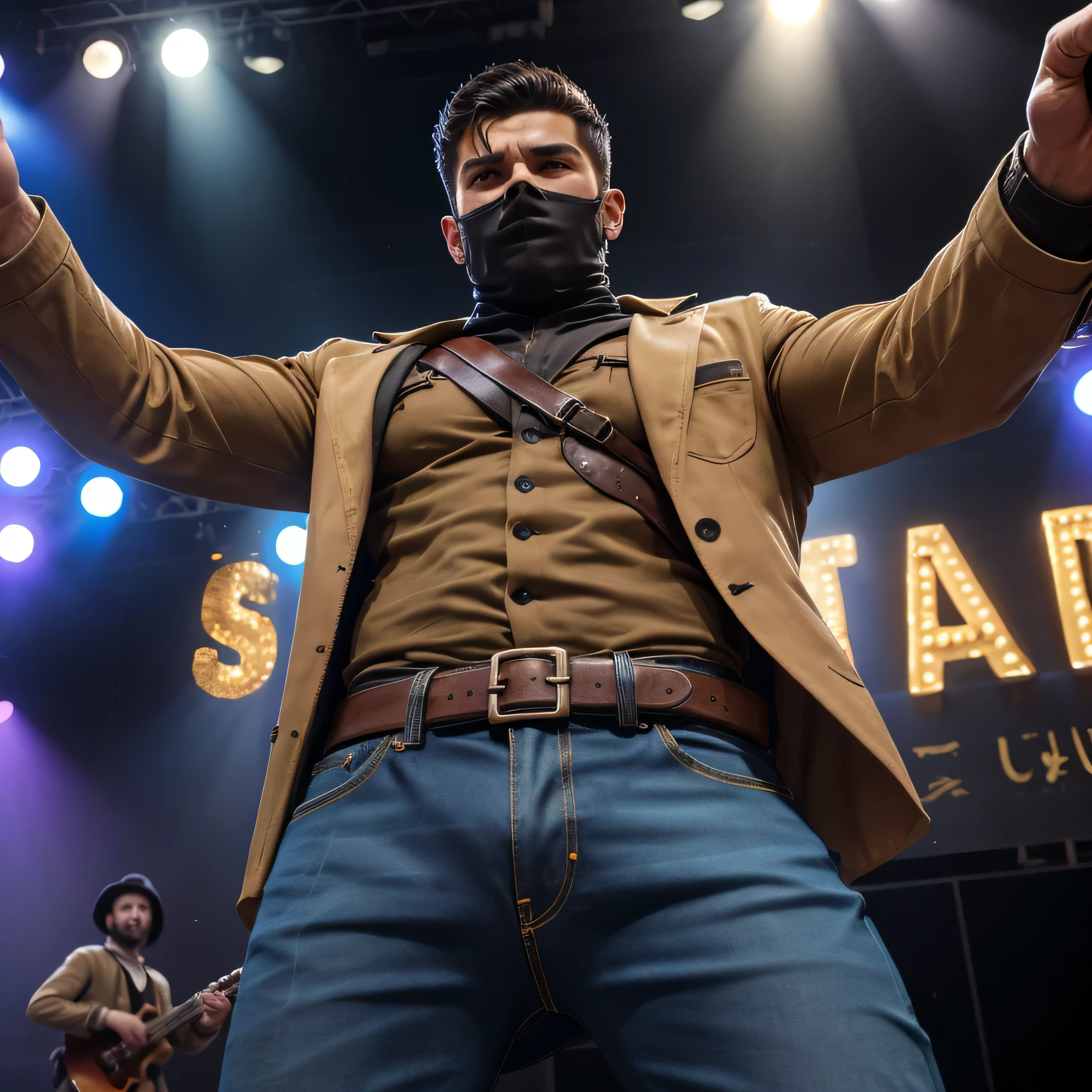 Age 30、handsome guy , 2 guys,Western costumes、Arabian face 。 short hair short hair 、On stage、 cactus Gunfight、A manly provocation slim jeans similar to Kim Seol-young briskly as seen from below。 upper body up Menacing look Pistol in the middle