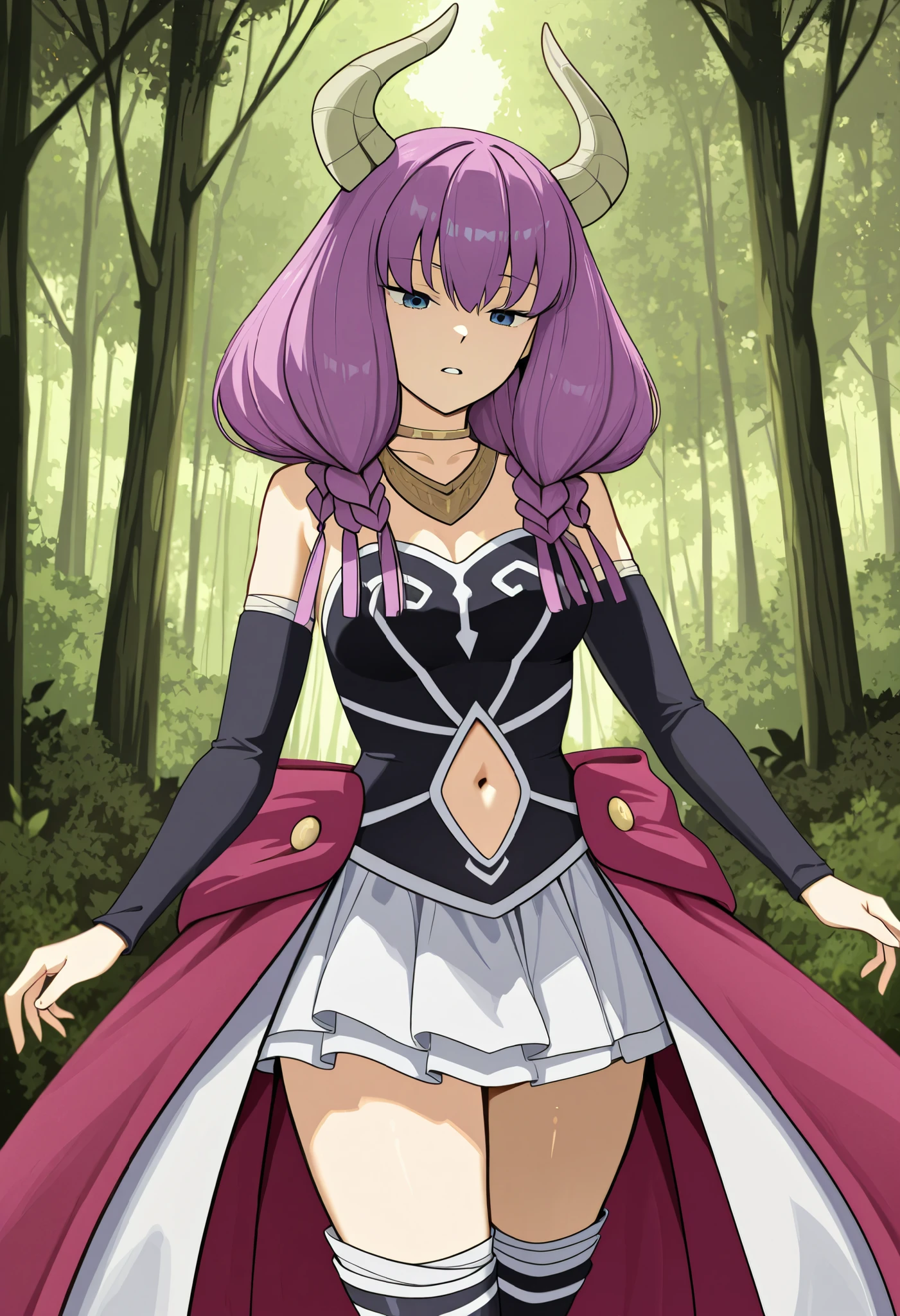 aur4, demon horns, demon girl, braid, multiple braids, purple hair, low-braided long hair, blue eyes, d3fault4ura, gold necklace, white skirt, waist cape, black corset, strapless skirt, neck ring, navel cutout, detached sleeves, thigh boots,forest