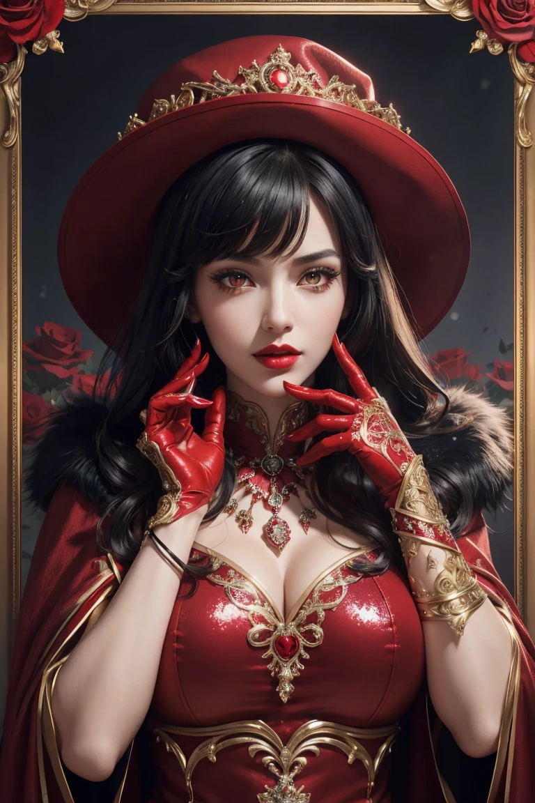Beautiful black hair,short-cut,Aligned bangs,bright red lips,Red Eyes,de pele branca,Gothic dresses,An ultra-high picture quality,ultra-quality,​masterpiece,Digital SLR,Photorealsitic,Detailed details,Vivid details,Depicted in detail,Detailed face,Detailed details,Super Detail,realistic skin textures,Based on anatomical grounds,perfect anatomia,Anatomically correct hand,Anatomically correct fingers,Complex 3D Rendering,Colossal tits,sexy  pose,red sequin dress studded with gold,Red rose hat,Gift Ribbon,Red fur coat,Put it in a nice photo frame and display it,bright red claws,beautiful christmas scenery,mysterious snow scene,It's snowing,beautiful ilumination,Christmas tree,Picturesque beauty,Photograph the whole body,9 head body,Pink lip,Beautiful curly hair,Luxurious necklace,emphasize the beautiful whole body,Beautiful nails,Black bondage,Beautiful burning rose,High-leg T-back,