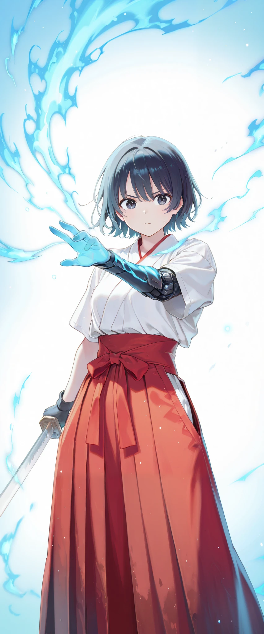 high definition, excellent anatomy, (best quality, ((very delicate and beautiful)), {{very detailed and delicate}}, {8k cg wallpaper},(Blue flame emitting blue light),beautiful eyes, super fine eyes, super beautiful eyes, {{illustration}},sumptuous artwork, ray tracing,burn aura,(flame aura), (chromatic aberration: 1.2),Ronin, Dirty, Long Hakama, (mechanical arm:1.2),cool girl,burning katana,blue fire blade,((Sword Drawing)),((blue fire hands:1.3)),blue burning hands,Burning sleev,black eyes, black hair, ragged body,buggy clothes,(action pose),dynamic angle, empty town