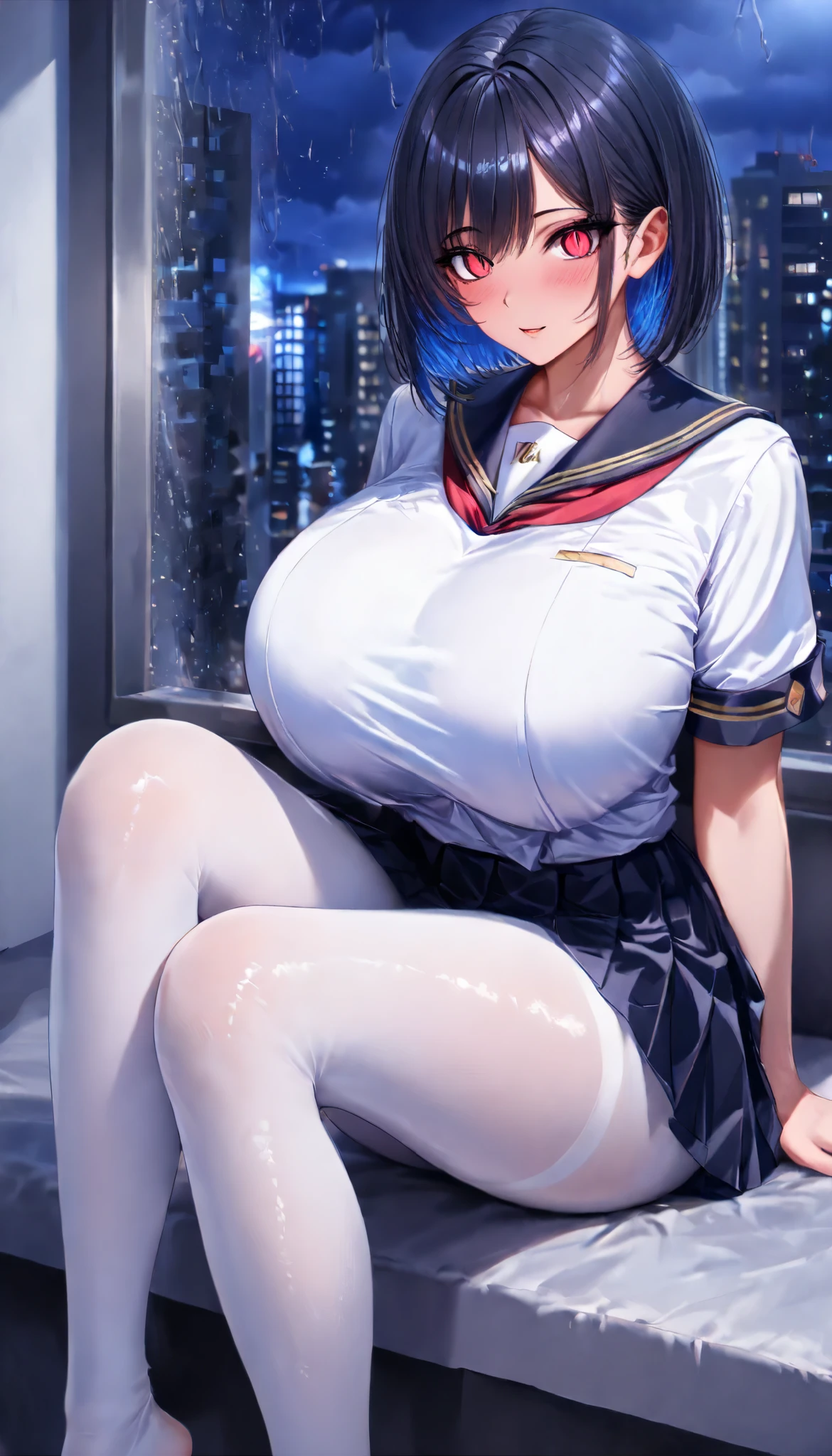 SOLO, A Female ,Perfect body ,big oppai, Shiny skin, (colored inner hair, short hair), Pink insect eye,red slit pupils, Sitting on a Lux Sofa Near the window, (Wearing A White Short sleeves JK Uniform), White Silk pantyhose, In An Apartment room, Yandere, Midnight, (Outdoor torrential rain), UHD, anatomically correct, masterpiece, textured skin, high details, highres, 1080P, 16k, accurate, textured skin, best quality, Beautiful face, Perfect face, Highly detailed beautiful face and eyes, Attractive face, Detailed face, Delicate facial features, Detailed skin
