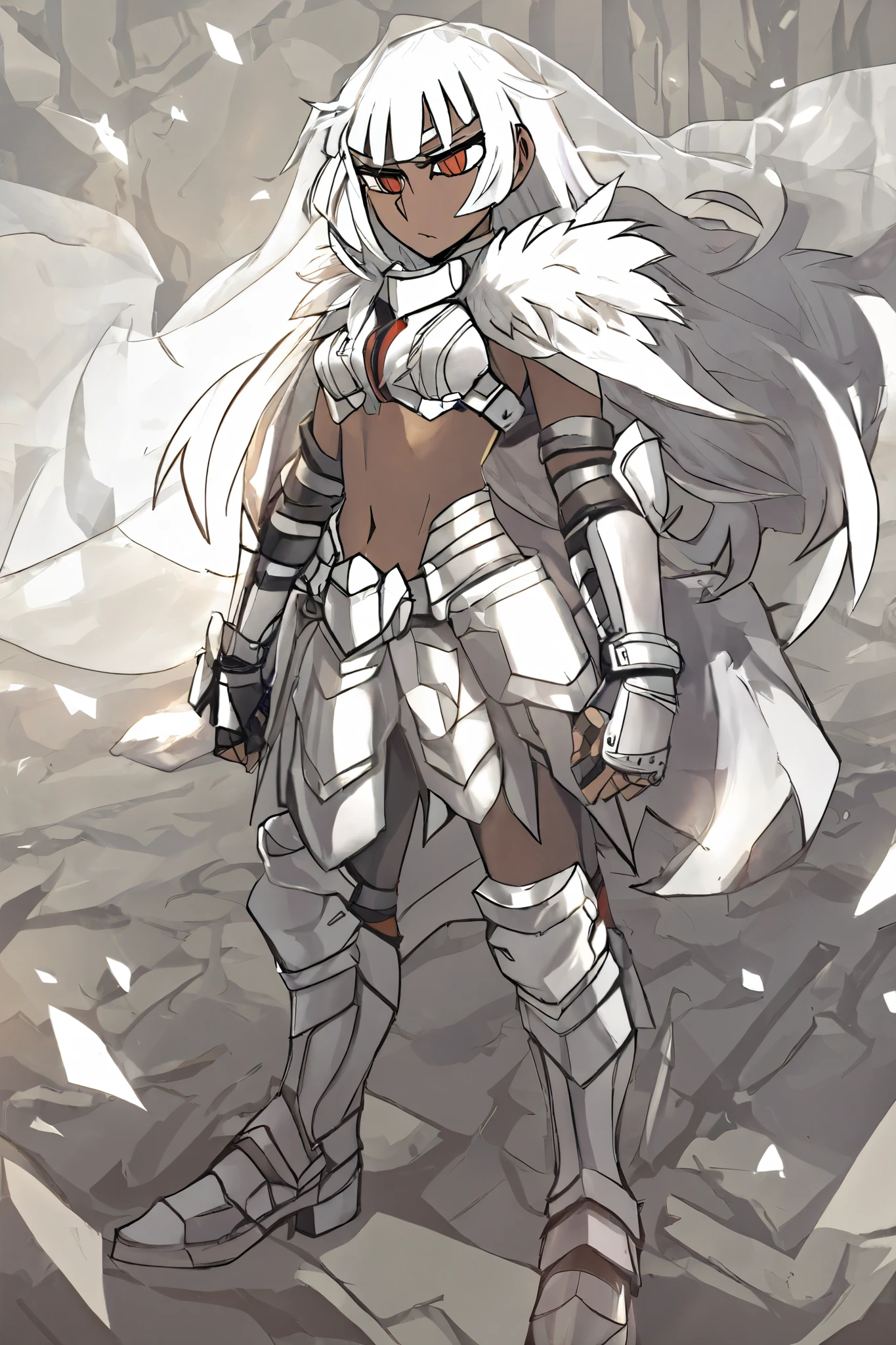 a girl wearing  armor standing , 1girl, solo,  dark-skinned female, helltaker style,red eyes, navel, dark skin, white hair, transparent veil，no horns，weapon, white full body  armor，full body armor,white fur coat,breasts, small breasts, long hair, sword, bangs