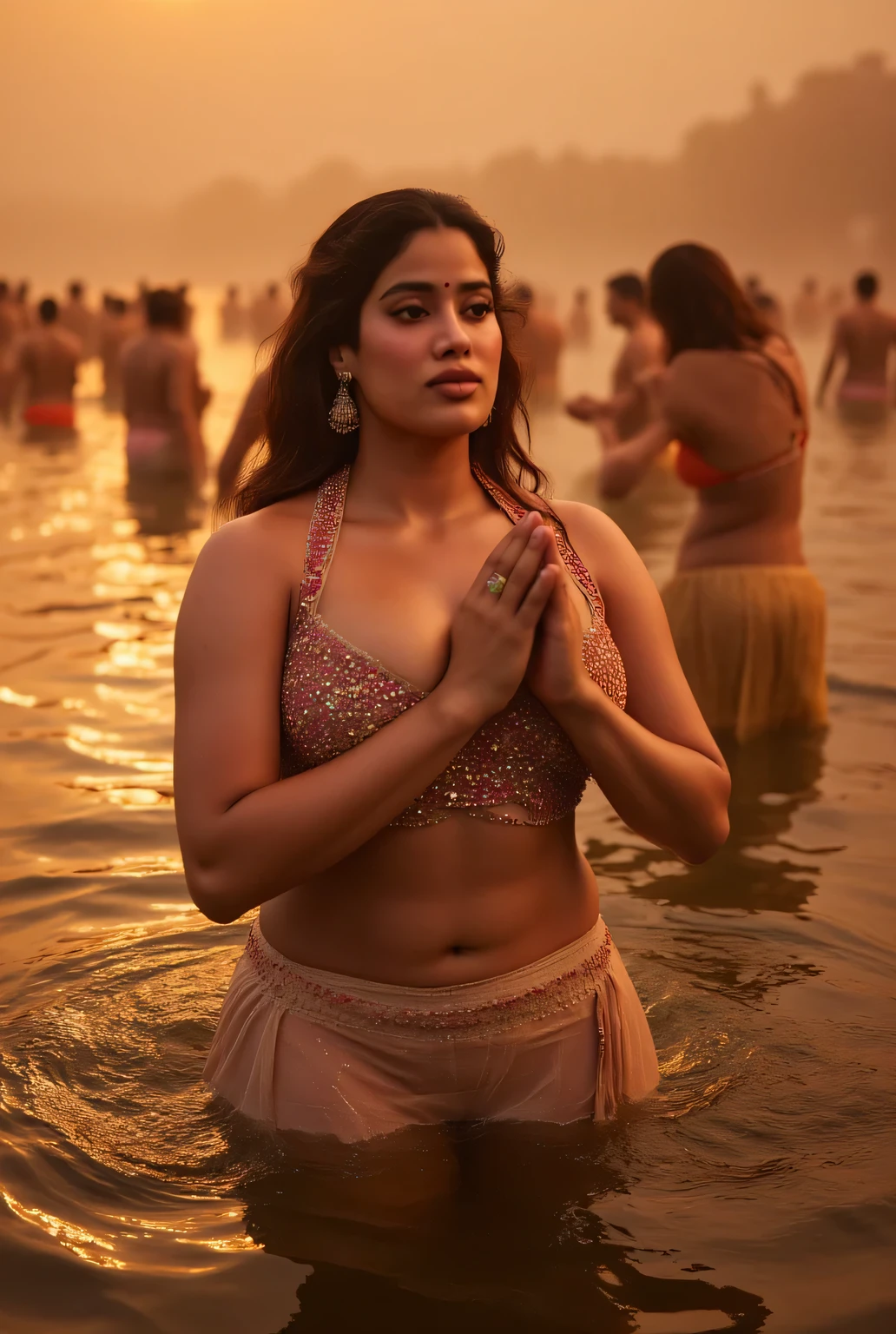 a semi-curvy mature woman, aged 30, naked, in ganga at mahakumbh, taking dip,showing Namaste to viewers, detailed face and body, extremely detailed eyes and face, longeyelashes, beautiful detailed lips, beautiful detailed eyes, realistic, photorealistic, photo-realistic:1.37, (best quality,4k,8k,highres,masterpiece:1.2),ultra-detailed,(realistic,photorealistic,photo-realistic:1.37),natural lighting, warm colors, cinematic, dramatic lighting, epic, majestic, mystical, spiritual, sacred, serene, tranquil