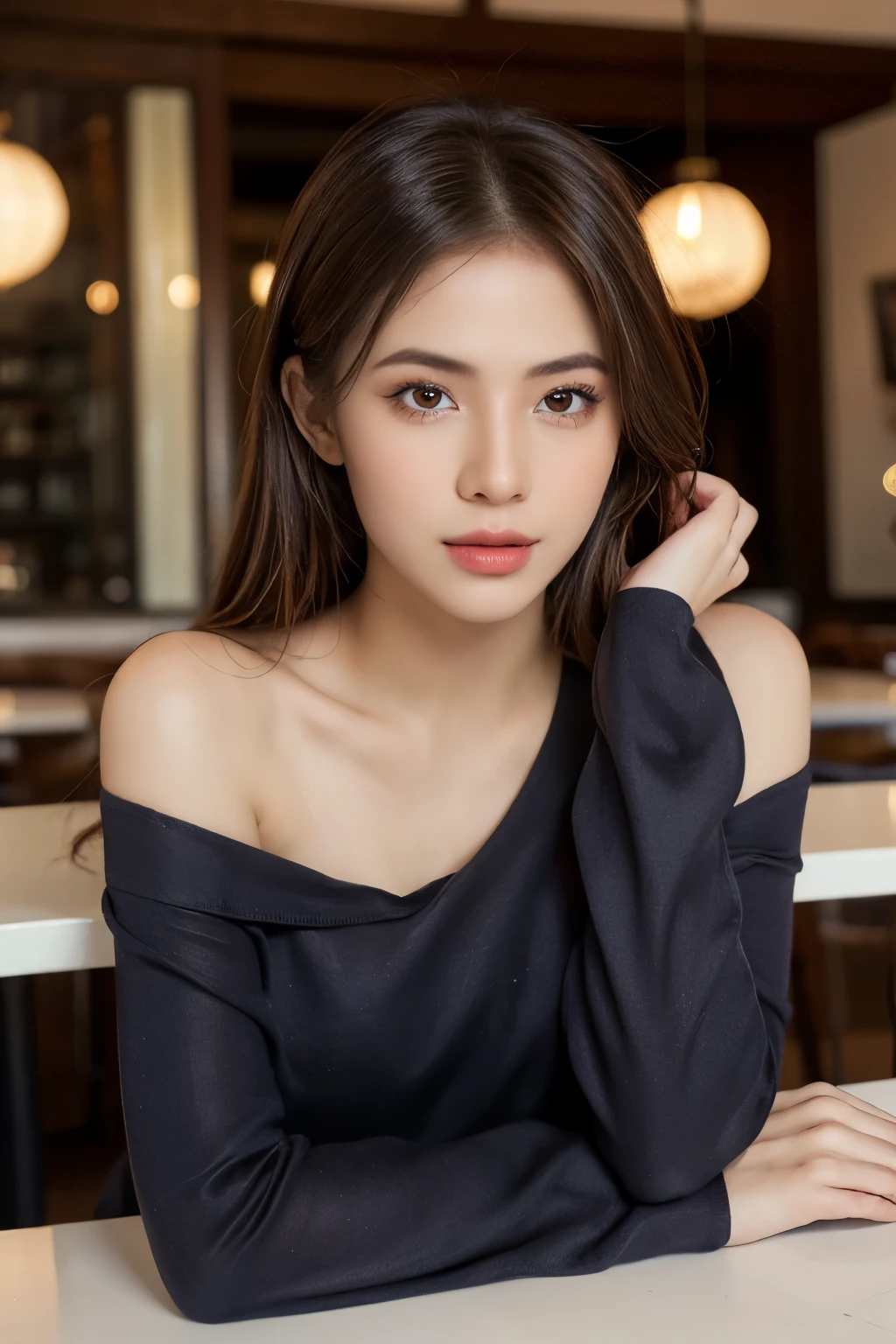 ((Masterpiece, high quality, super detailed, 4k, RAW Photo)), 1 girl, brown hair, brown ombre hair, Perfect face, thin face ((lying silkworm eyes)), shinny skin, (realistic, photo-realistic:1.3), long sleeve t-shirt, off shoulder, in modern cafe, look at the camera, random poses, slim body, perfect eyes, big nose,