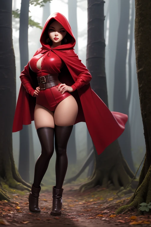Red Riding Hood becoming the Big Bad Wolf, big breasts, frontal, full-length, looking at the camera, facing the audience, standing pose, forest background, three-dimensional light, detailed full-body concept, sleek digital concept art, beautiful full-body concept art, art trend, CGsociety full-length, huge breasts, tall, wide hips, huge bursting breasts