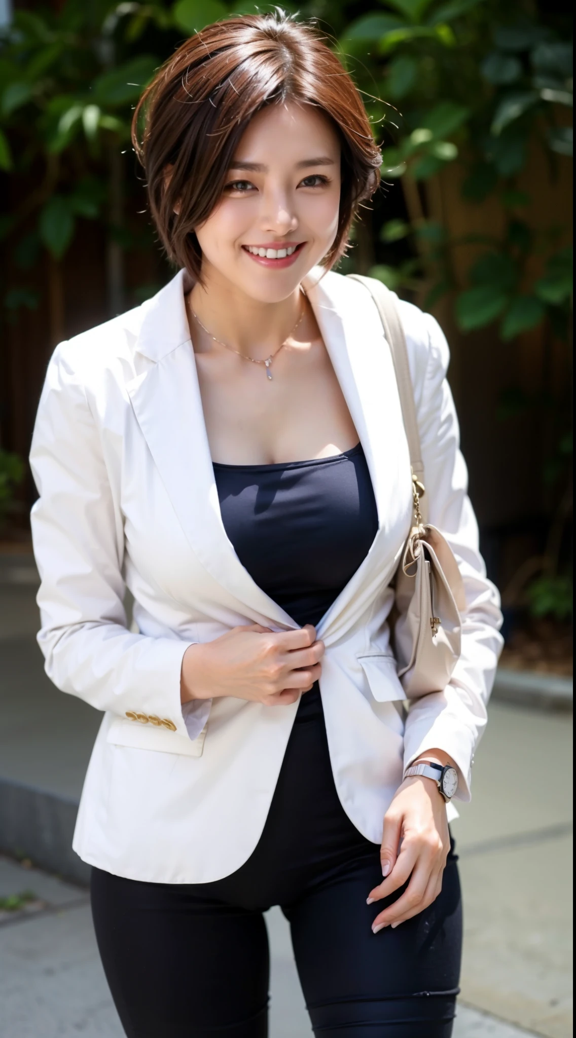 30歳のjapanese woman,anatomically correct skin and flesh,Highest Image,TOP QUALITY,真夏の強い日差しの中で植物が植えられた歩道を歩く女性 TOP QUALITY, high resolution, white suit jacket,dark blue collar see-through camisole with lace, Black Leggings, silver necklace ,G-shock watches,beige shoulder bag,very well detailed, textured skin, japanese woman、short hair full of pee,smile, white suit jacketの前を開けている,Walking while showing my shapely breasts、Model Walks 、It's shaking like a whistle,shaped breast bulge comes out, no bra,