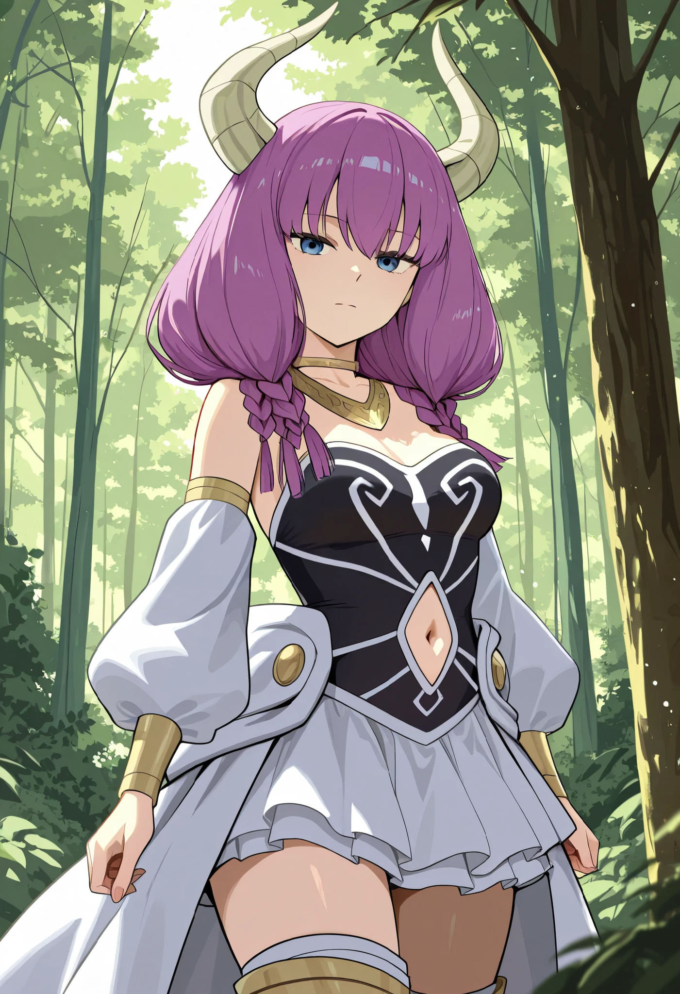 aur4, demon horns, demon girl, braid, multiple braids, purple hair, low-braided long hair, blue eyes, d3fault4ura, gold necklace, white skirt, black corset, strapless skirt, neck ring, navel cutout, detached sleeves, thigh boots,forest