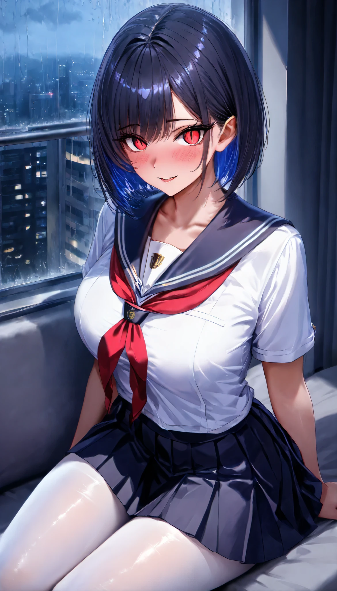 SOLO, A Female ,Perfect body, Shiny skin, (colored inner hair, short hair), Pink insect eye,red slit pupils, Sitting on a Lux Sofa Near the window, (Wearing A White Short sleeves JK Uniform), White Silk pantyhose, In An Apartment room, Yandere, Midnight, (Outdoor torrential rain), UHD, anatomically correct, masterpiece, textured skin, high details, highres, 1080P, 16k, accurate, textured skin, best quality, Beautiful face, Perfect face, Highly detailed beautiful face and eyes, Attractive face, Detailed face, Delicate facial features, Detailed skin