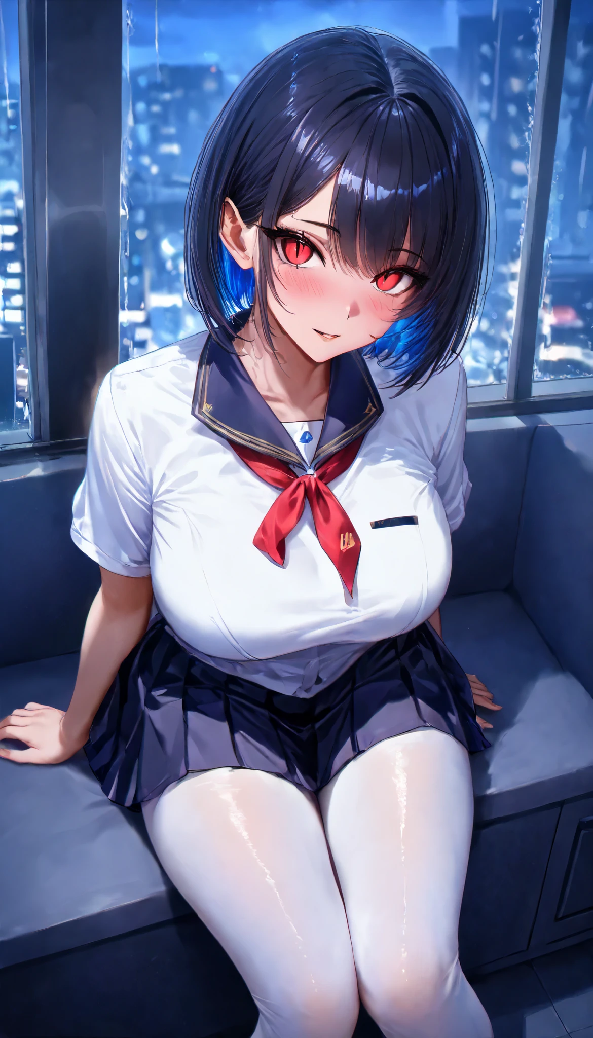 SOLO, A Female ,Perfect body, Shiny skin, (colored inner hair, short hair), Pink insect eye,red slit pupils, Sitting on a Lux Sofa Near the window, (Wearing A White Short sleeves JK Uniform), White Silk pantyhose, In An Apartment room, Yandere, Midnight, (Outdoor torrential rain), UHD, anatomically correct, masterpiece, textured skin, high details, highres, 1080P, 16k, accurate, textured skin, best quality, Beautiful face, Perfect face, Highly detailed beautiful face and eyes, Attractive face, Detailed face, Delicate facial features, Detailed skin