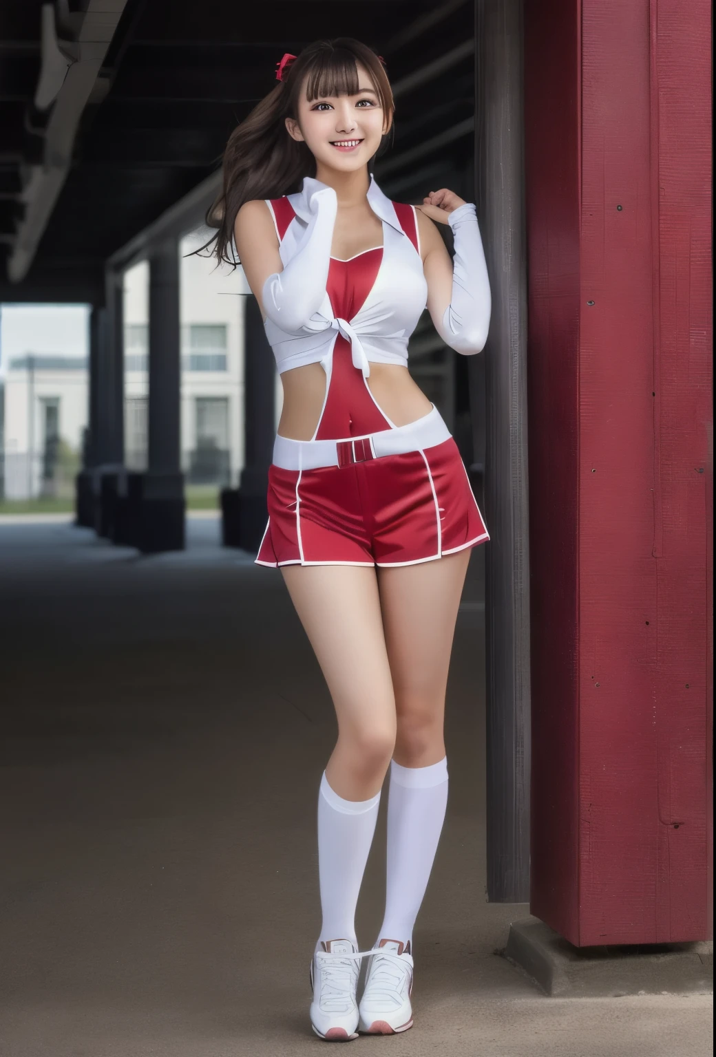 ((best quality)), ((best work)),(( ultra detail)), portrait, wide shooting angle, female majorette, beautiful, sexy, (Half Ponytail hair), detailed eyes, detailed face, bright face, big breasts, sweet smile, with a stick, dynamic poses, female majorette showing her skills, (majorette uniform), cleavage, (short skirt folded), lingier, stockings, big thighs, shoes, background, marching band neatly lined up, street, building, highly detailed, photo realistic, ((depth of field)), soft lighting, three items in the art station, conceptual art, ((intricate detail)), canon_dslr, hdr, 8k
