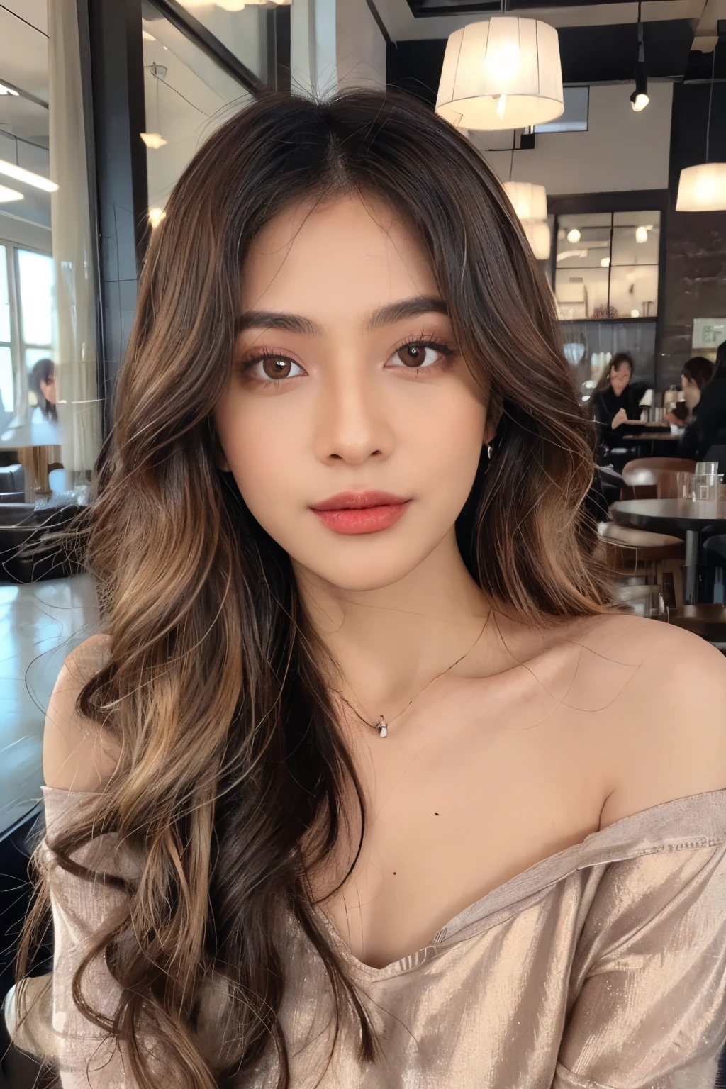 ((Masterpiece, high quality, super detailed, 4k, RAW Photo)), 1 girl, long wavy hair, ((brown ombre hair)), Perfect face, thin face ((lying silkworm eyes)), shinny skin, long sleeve t-shirt, off shoulder, in modern cafe, look at the camera, slim body, perfect eyes, big nose, wearing necklace with pendant, earings
