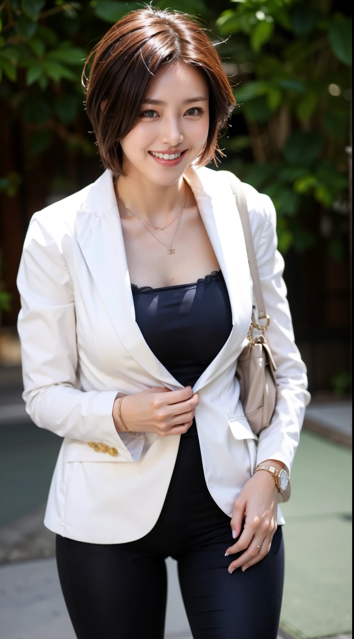 30歳のjapanese woman,anatomically correct skin and flesh,Highest Image,TOP QUALITY,真夏の強い日差しの中で植物が植えられた歩道を歩く女性 TOP QUALITY, high resolution, white suit jacket,dark blue collar see-through camisole with lace, Black Leggings, silver necklace ,G-shock watches,Beige Shoulder Bag,very well detailed, textured skin, japanese woman、brown short bob hair blown by the wind, tanned skin,smile,white suit jacketの前を開けている,Walking while showing my shapely breasts、Model Walks 、It's shaking like a whistle,shaped breast bulge comes out, no bra,