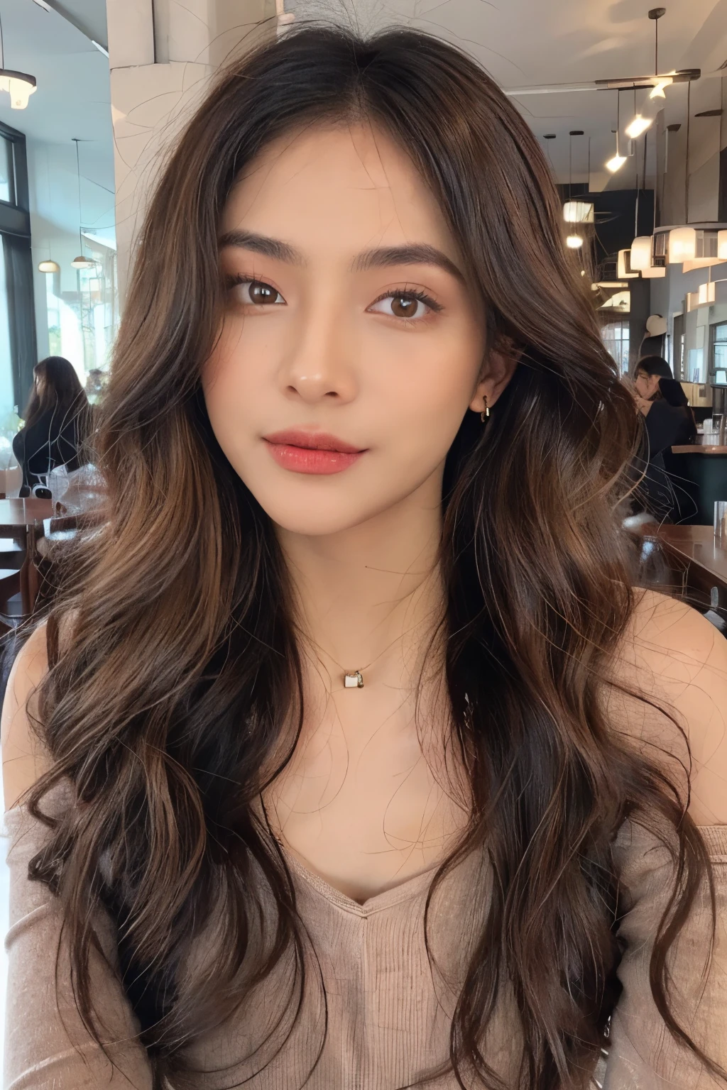 ((Masterpiece, high quality, super detailed, 4k, RAW Photo)), 1 girl, long wavy hair, ((brown ombre hair)), Perfect face, thin face ((lying silkworm eyes)), shinny skin, long sleeve t-shirt, off shoulder, in modern cafe, look at the camera, slim body, perfect eyes, big nose, wearing necklace with pendant, earings