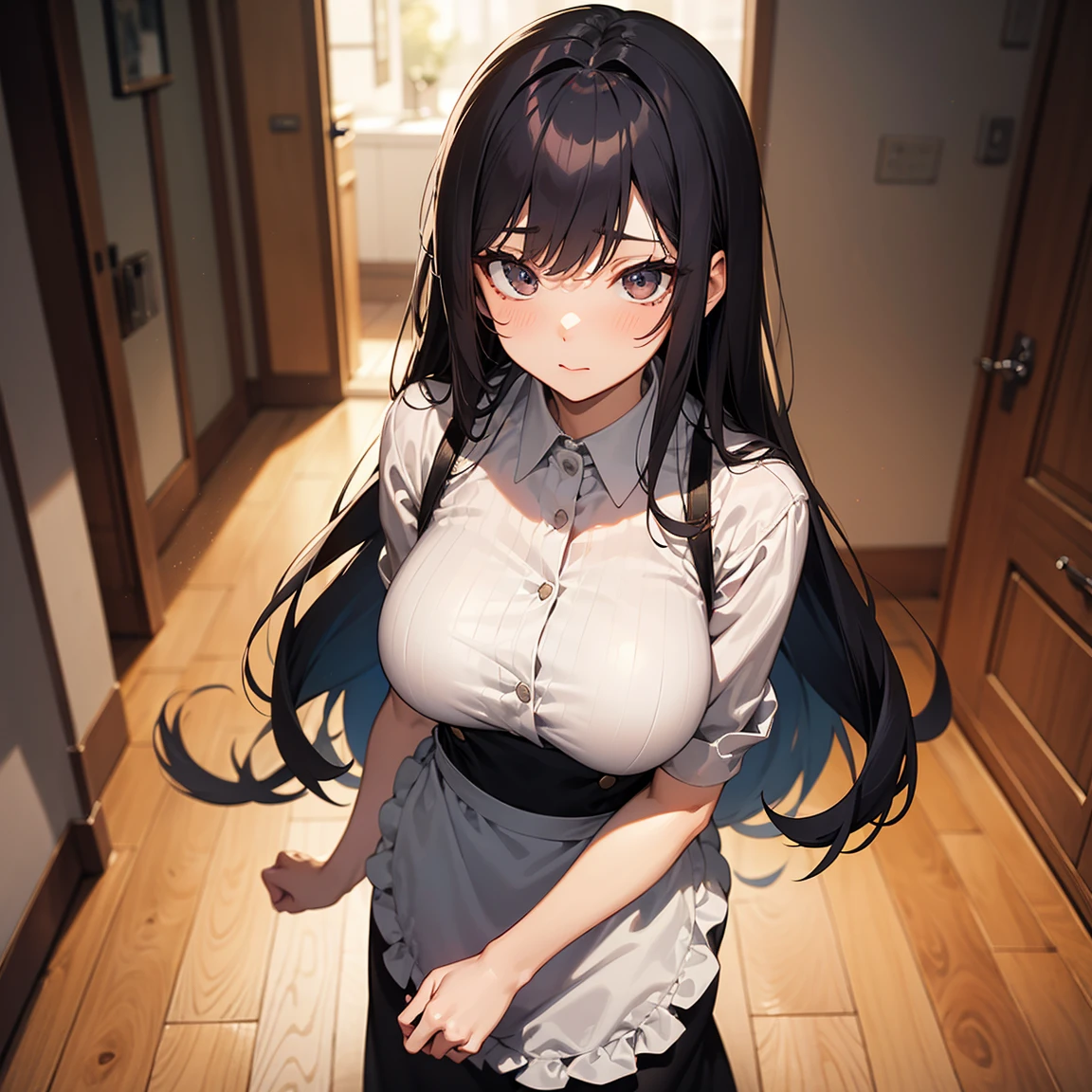Full body view of the young wife, former student council president, one adult woman (Black vertical striped sleeveless shirt and long skirt), (Morning Apartment Room Sexy)、 (Breakfast, have a nice day, a toothy smile), (Black hair, medium length, ponytail, straight hair, bangs swept to the side:1.9 Slanted eyes Brown eyes Tall Big breasts Strong Beautiful Cute) 