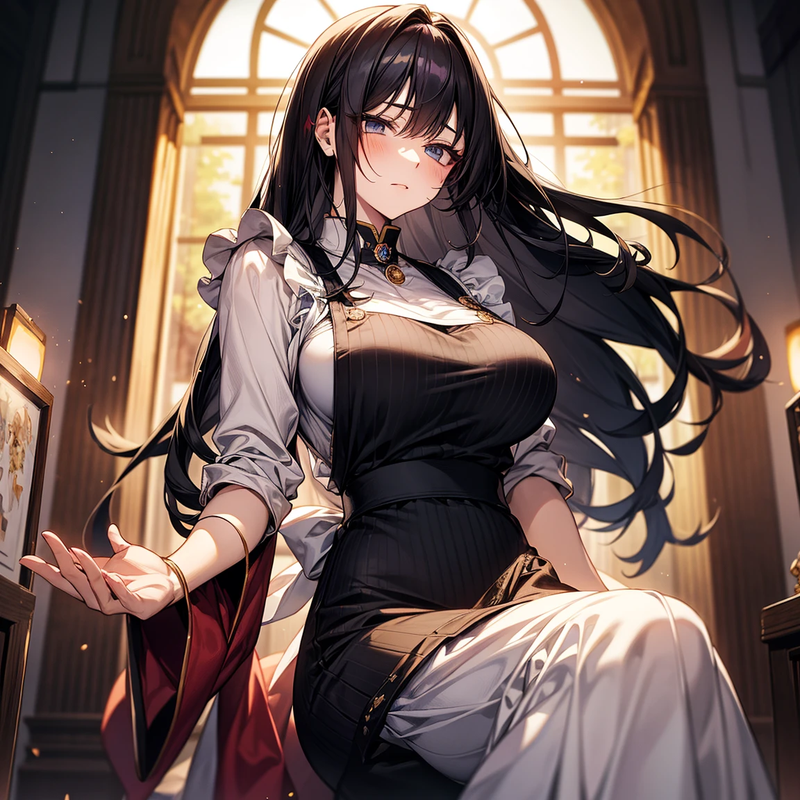 (Epic Showcase: like Arknights Character banner , Designs in Detail)(Masterpiece, Best Quality, Ultra High Resolution , Digital Art,Beautiful and Aesthetic )Perfect proportions of the body , not an ordinary perspective . .the whole body is covered by clothes. (strict posture , One Fashionable adult girl with a short oblique bob, slender figure, expressive and confident look ) in modern men's suit in professional performance , matte black color , lovely thin white but long tie , (silk thick threads of red color connect the necklines on the sides of the whole suit) , . The character sits on a large massive sofa with lots of leather , an interesting and atmospheric pose that characterizes the character ,(Photorealistic style combined 2.5D . realistic anatomy , beautiful perspective . Best image quality , pastel color , focus on the face , Big Hair ( black with red gelding ) , well detailed eyes , detailed background in modern boudoir style . )