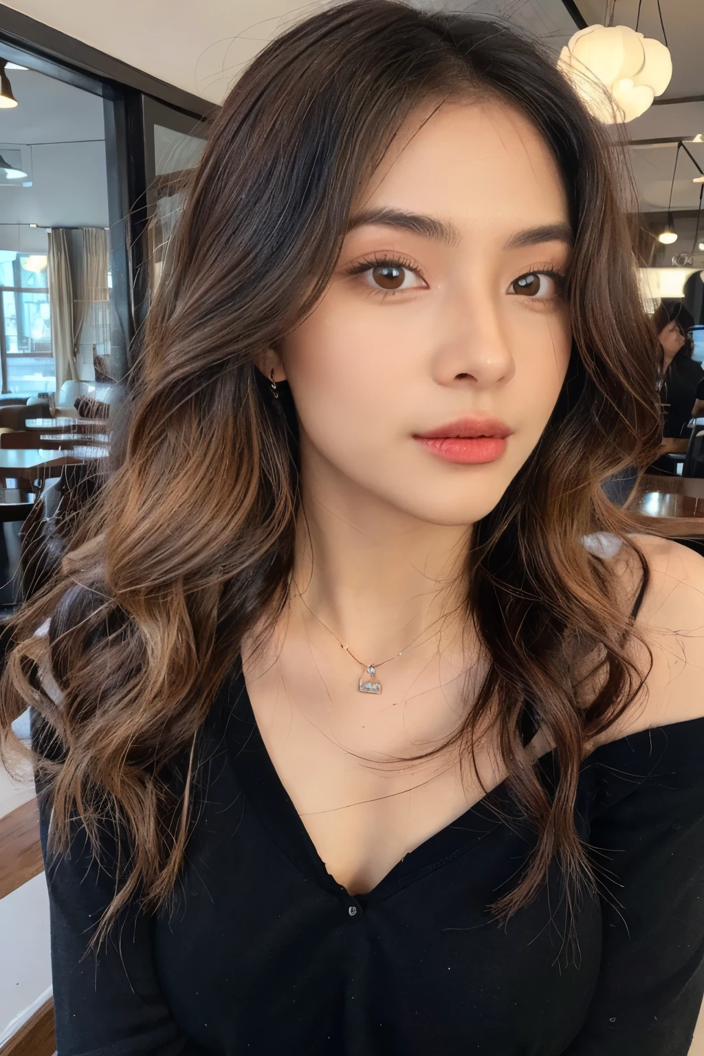 ((Masterpiece, high quality, super detailed, 4k, RAW Photo)), 1 girl, long wavy hair, ((brown ombre hair)), Perfect face, thin face ((lying silkworm eyes)), shinny skin, long sleeve t-shirt, off shoulder, in modern cafe, look at the camera, slim body, perfect eyes, big nose, wearing necklace with pendant, earings