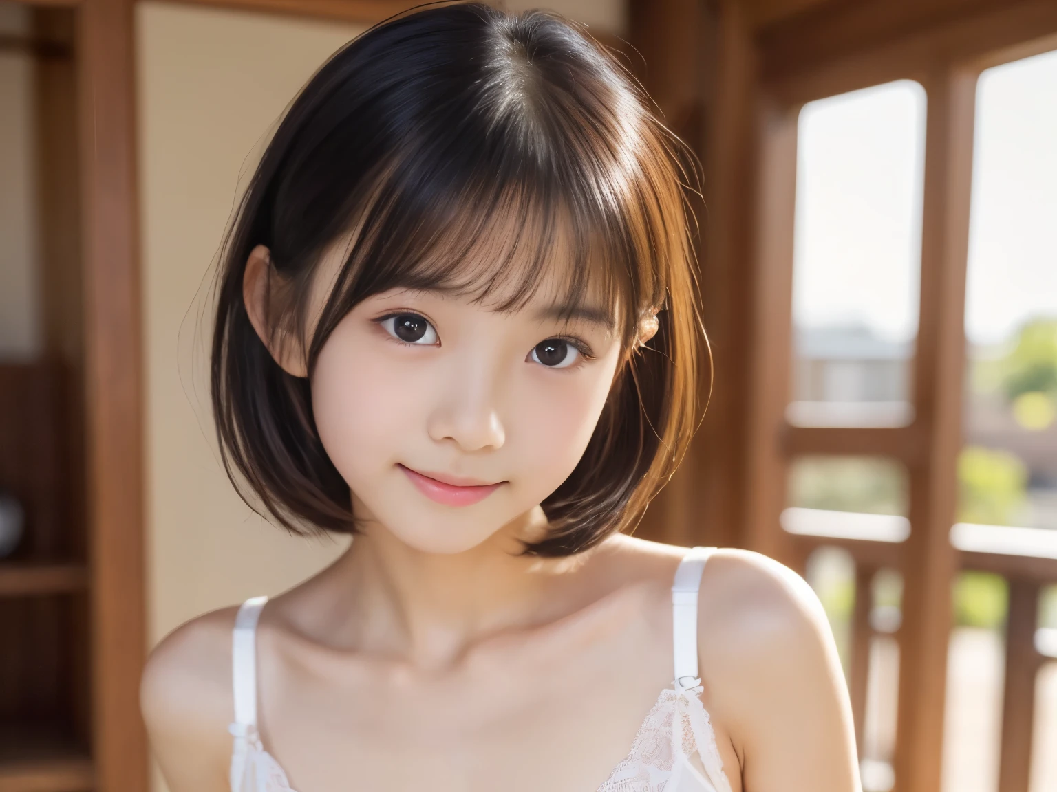 One girl, short hair,Black Hair,smile, summer,Sitting on the bed,Innocence,Pure Innocence,,Look here,front,Close-up of the chest,Small swelling in the chest,blouse,front,transparent, (masterpiece, Highest quality), Soft Light, Structure of the film, Like a movie