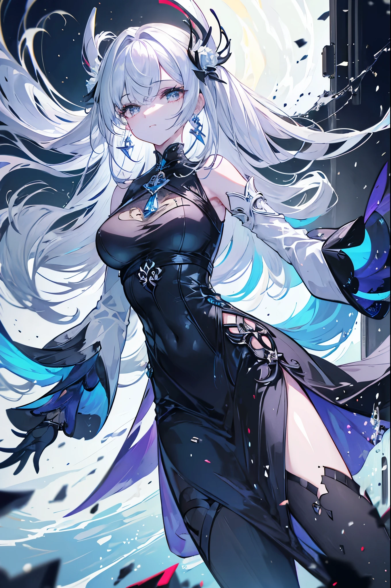 a woman, young, 19 years old, swordsman, long white hair, skin as white as snow, cold gaze, blue eyes like crystal, black sweater, black pants, cape, a crystal sword, earring in her ear, background with blue lights.