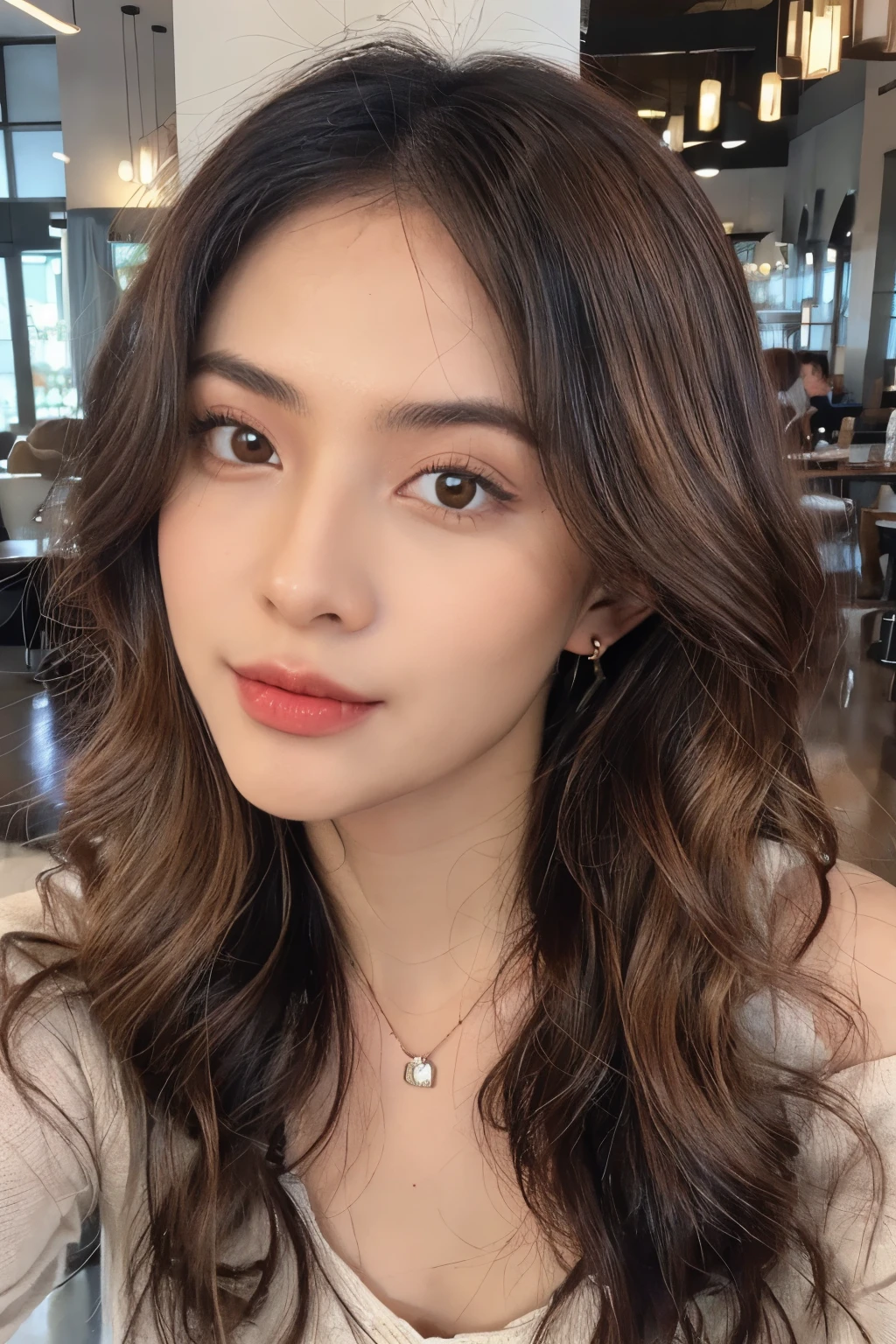 ((Masterpiece, high quality, super detailed, 4k, RAW Photo)), 1 girl, long wavy hair, ((brown ombre hair)), Perfect face, thin face ((lying silkworm eyes)), shinny skin, long sleeve t-shirt, off shoulder, in modern cafe, look at the camera, slim body, perfect eyes, big nose, wearing necklace with pendant, earings