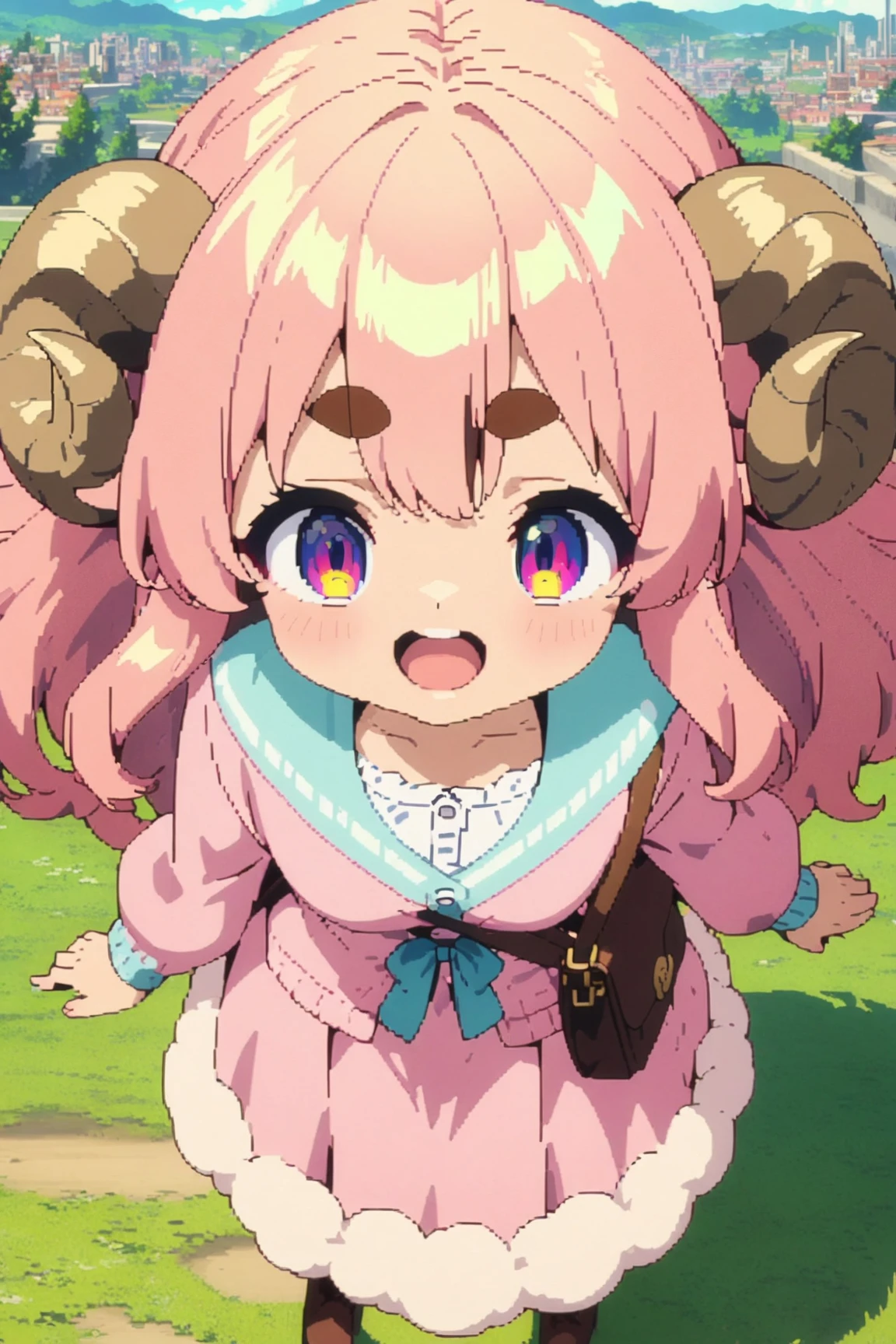 masterpiece, best quality, amazing quality, very aesthetic, high resolution, ultra-detailed, absurdres, newest, Anime screencap, highly detailed, high quality, Intricate:1.4, BREAK, (1girl, ひつじちゃん,  fluffy hair\long\pink, thick eyebrows:1.1, round sheep horns), BREAK, (pink long dress, sky blue cardigan, brown boots, brown shoulder bag), city
