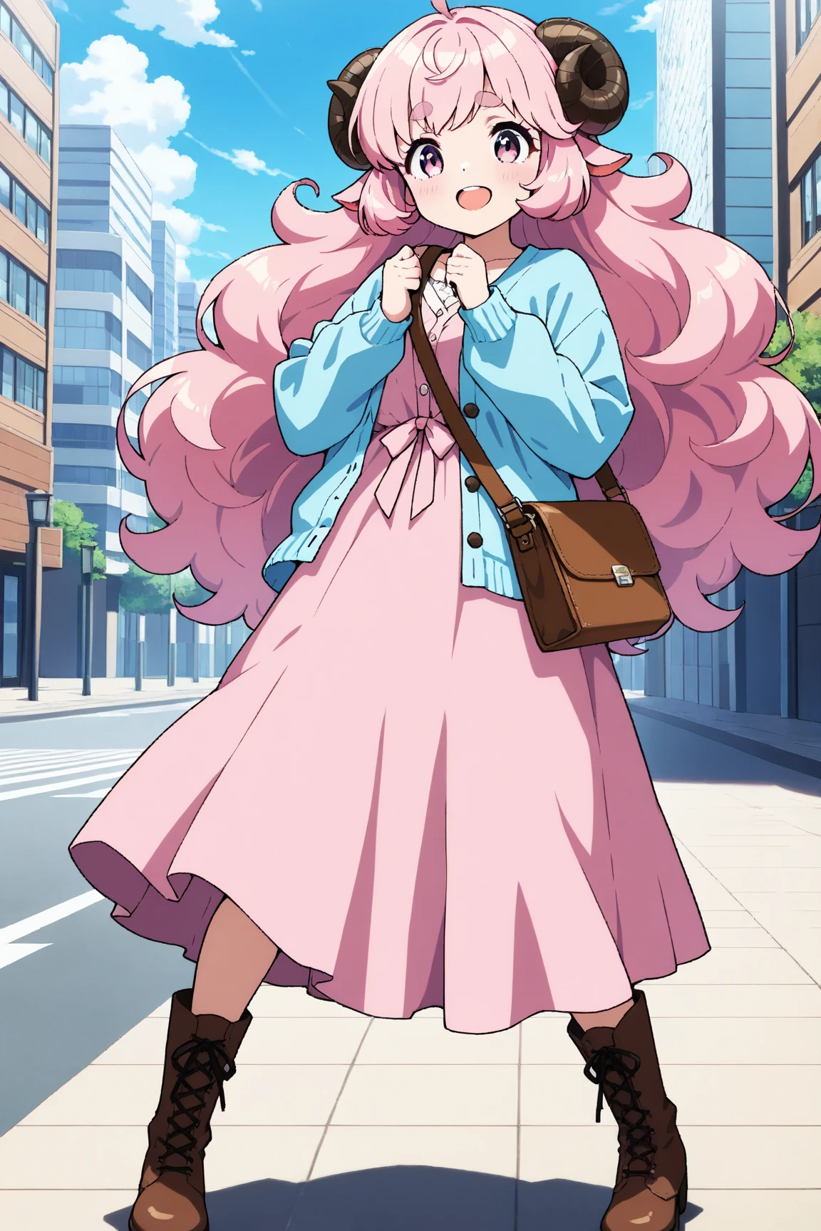 masterpiece, best quality, amazing quality, very aesthetic, high resolution, ultra-detailed, absurdres, newest, Anime screencap, highly detailed, high quality, Intricate:1.4, BREAK, (1girl, ひつじちゃん,  fluffy hair\long\pink, thick eyebrows:1.1, round sheep horns), BREAK, (pink long dress, sky blue cardigan, brown boots, brown shoulder bag), city