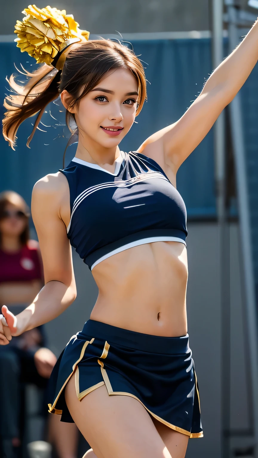 ((Highest quality)), ((masterpiece)), (Realistic details,Tabletop:1.0,High resolution:1.2,Realistic:1.4,8k, RAW Photos:1.2),((A slender Japanese woman with very small breasts:1.26,Cheerleader:1.22)), Beautifully symmetrical puffy eyes:1.22,19-year-old simple and beautiful Ulzzang full makeup perfect idol face:1.24,(cheerful:1.2,A smile with beautiful white teeth:1.2),(Beautiful light brown short twin tail hair:1.3),(Thin, light eyebrows:1.28),(Detailed fair skin:1.21),((Outdoor Bright Sports Venues　A packed stadium:1.32)),((かなり下からのアングルのStanding from the front:1.2),(Arms raised and 脚を開くpose:1.4,Beautiful armpits:1.3,panty shot:1.4)Spotlight from below:1.23,(((Ultra-tight, very short, Vivid white and blue flashy cheerleader uniform:1.23,Miniskirt type:1.23,Shiny Latex Fabric:1.4,))),((White knee-high socks with blue lines:1.2))((A very slender, well-trained body:1.84)),((Fine abdominal muscles:1.78)),(((Very small breasts:1.96))),(Broad shoulders:1.3),(Muscular limbs:1.19),((Very thin thighs:1.75)),((toned little buttocks:1.36)),((Small waist:1.4,Short, narrow waist:1.4)),((A beautiful belly button and hipbone are visible:1.35)),(Central composition showing abs and belly button:1.3)(cameltoe:1.4),
