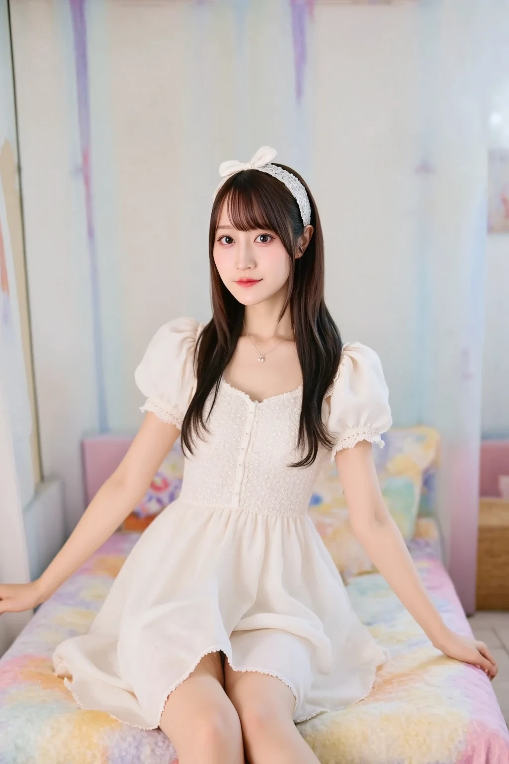 1girl, solo,Big , stuffed toy, stuffed animal, long hair, bow, looking at viewer, hair bow, black hair, ribbon, brown hair,teddy bear, bangs, mole,14 y.o.