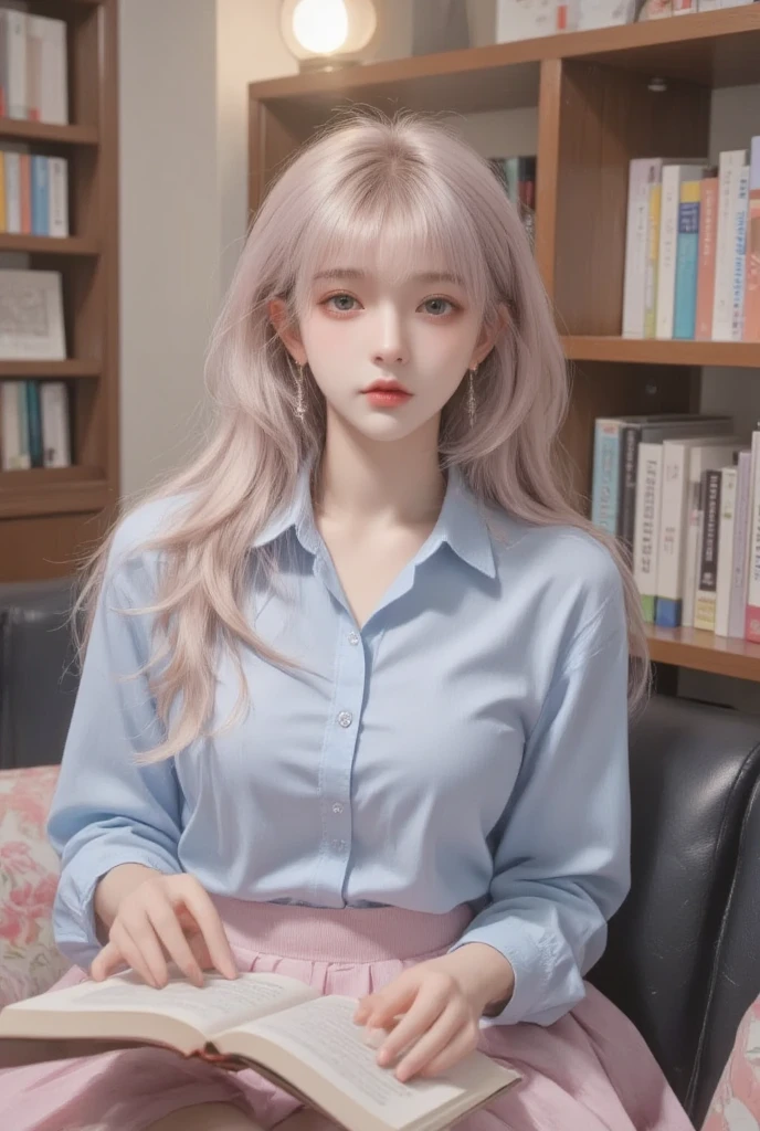 (Masterpiece), (High quality), (8K resolution), (RAW photo), (Best quality), (Masterpiece:1.5), (Realistic:1.5), ((photograph realistic)), vibrant detail, Ultra photo realsisim,1girll, (Cute:1.2), Beautiful, High quality and detailed face, Perfect face, (Gray hair and light pink hair:1.4), rosycheeks, Detailed eyes, (Blue eyes),Colorful eyes,(Watery eyes),NSFW, , Slender body, view the viewer, Closed mouth, Real human skin, Shiny skin, mid-breast, ((school uniform)), Sitting, Bed,((legs are open)),((See panties)),