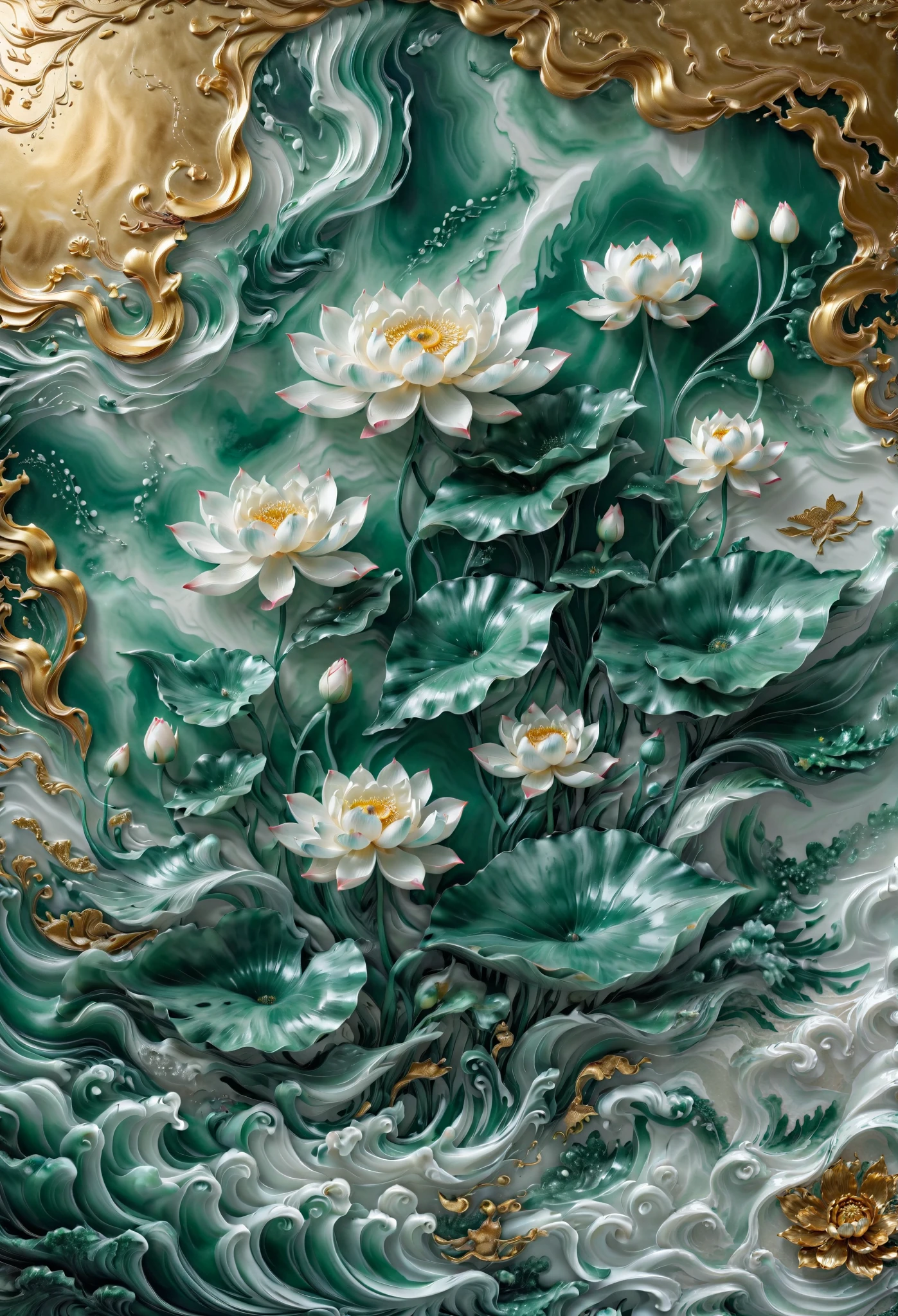 /I a mural painted with a gold patina. The artwork features a pattern with a lot of small tiny little abstract lotus flower with pearly reflections the design includes shades of green, pearly white and touches of pink. Golden background --ar 9:16 --tile --sref https://s.mj.run/11LAxabWx7Q https://s.mj.run/nD0ZdsmRNX4 --v 6.1
