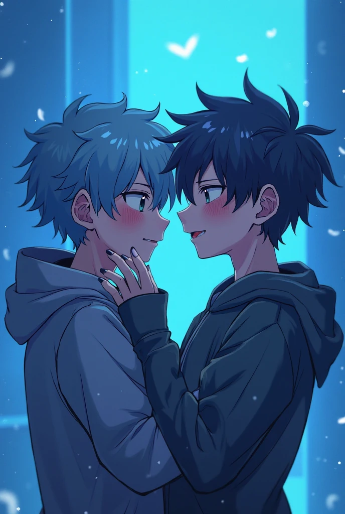 Male rs anime in blue background having bromance