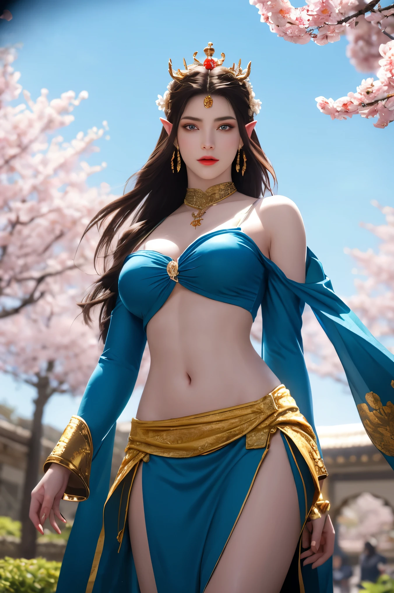 One 20 year old girl,realistic representation of a donghua character cai lin or medusa (battle through heavens), breast 1.1,she wears red Ornamental tube cloth to cover breasts and red Ornamental long sleeves at the bottom,bare shoulders, hand in own hair,(mature female),milf, medusa, deep blue eyes, jet black long hairs upto her waist, 8k resolution high quality,background: around the garden surrounded by Sakura trees with fluttering sakura petals, from head to thighs, hourglass figure, bare round shoulders,fully exposed belly(from her tube cloth bra to sleeves),proportional proud body like that of a fit female warrior but slender arms, an ornamental tilak on her forehead,ornamental logo on her temple, ornamental snake crown, ornamental necklace, long hair bangs on either side of her forehead and behind her pointy ears, pointy ears,ornamental bracelet, same ornamental clothes of cai lin (tube cloth and sleeves), unstrapped tube cloth bra with a blue gem in the middle knot,Bright lightening under the sun through sakura canopy. High quality 16k resolution,( HDR :1.5), cinematic look, ultra-detailed,ultra lightening, (photorealistic :1.2),