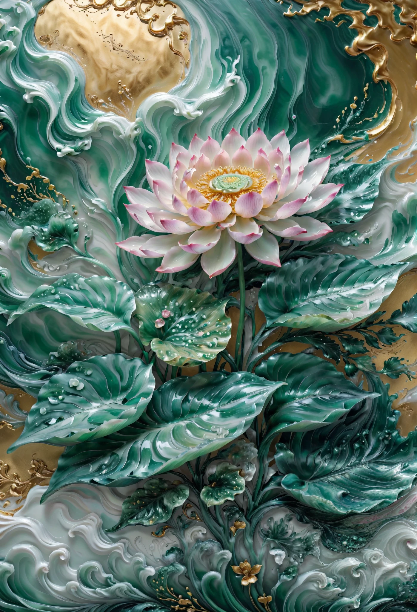 /I a mural painted with a gold patina. The artwork features a pattern with a lot of small tiny little abstract pink-purple lotus flower with pearly reflections the design includes shades of green, pearly white and touches of pink. Golden background --ar 9:16 --tile --sref https://s.mj.run/11LAxabWx7Q https://s.mj.run/nD0ZdsmRNX4 --v 6.1