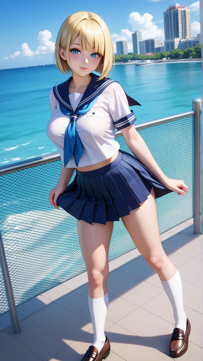1girl, (solo), (wave), seductive smile:1.3, (), (big breast:1.5), ((beautiful anime eyes with fine detail)), realistic skin, sailor suit, (Navy blue pleated miniskirt), beauty of slender female legs, thigh-high socks,
