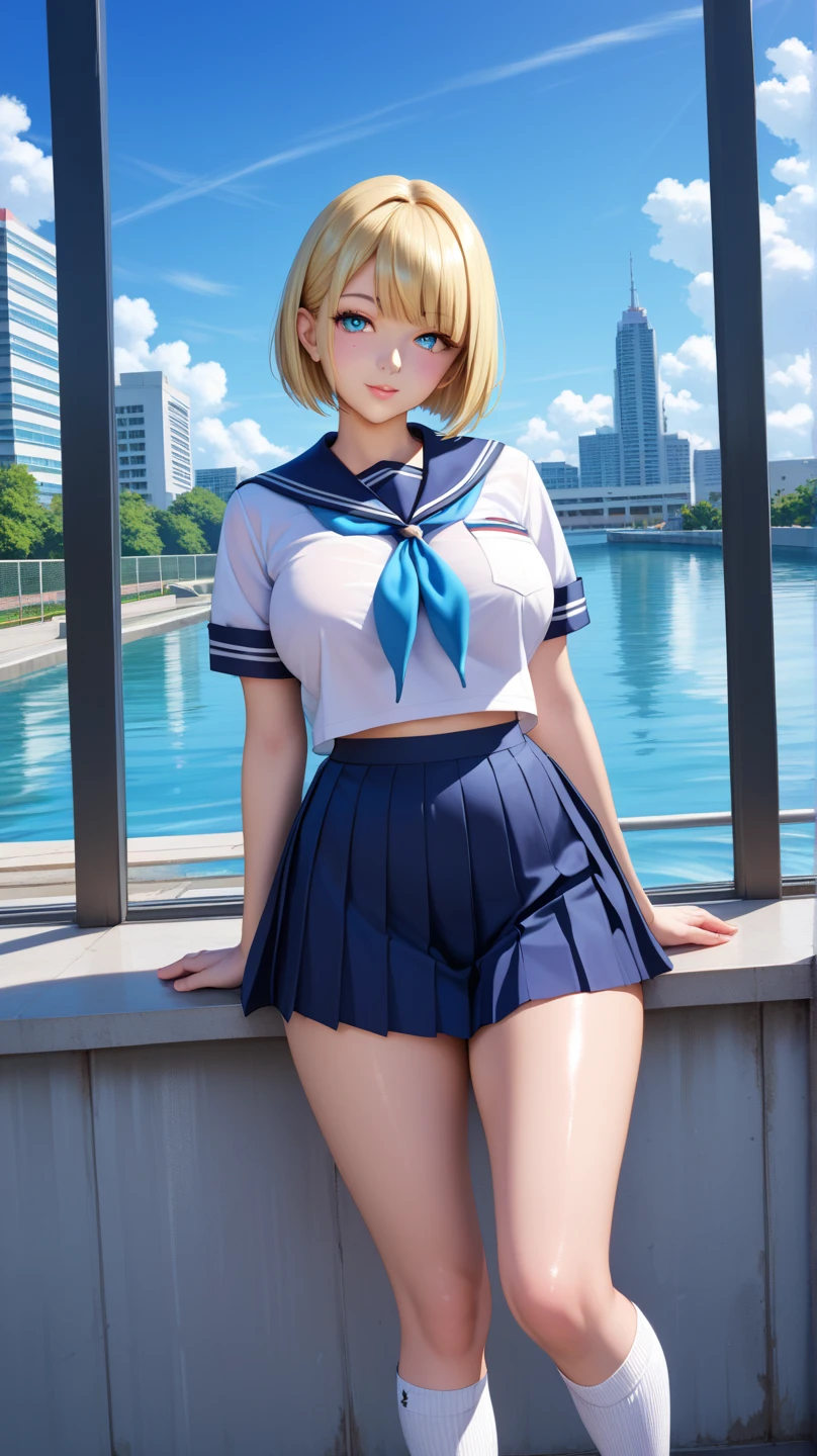 (((toppless))), (((Showing off the legs))), (((large full breasts))), (((show off cleavage))), extremely detailed CG unified 8k wallpaper, very fine 8KCG wallpaper, (masterpiece, Best Quality), High resolution, Ultra-detailed, ultra-sharp, 1 girl ,Naked, in poolside, ((( Light sailor shirt, Sleeveless, Open front))), (((Navel ))), (((Sheer Micro Mini Skirt))), (Beautiful face, Cute face, Detailed face), (((Detailed beautiful eyes))), (((Sunny))), Perfect Eyes Eyes