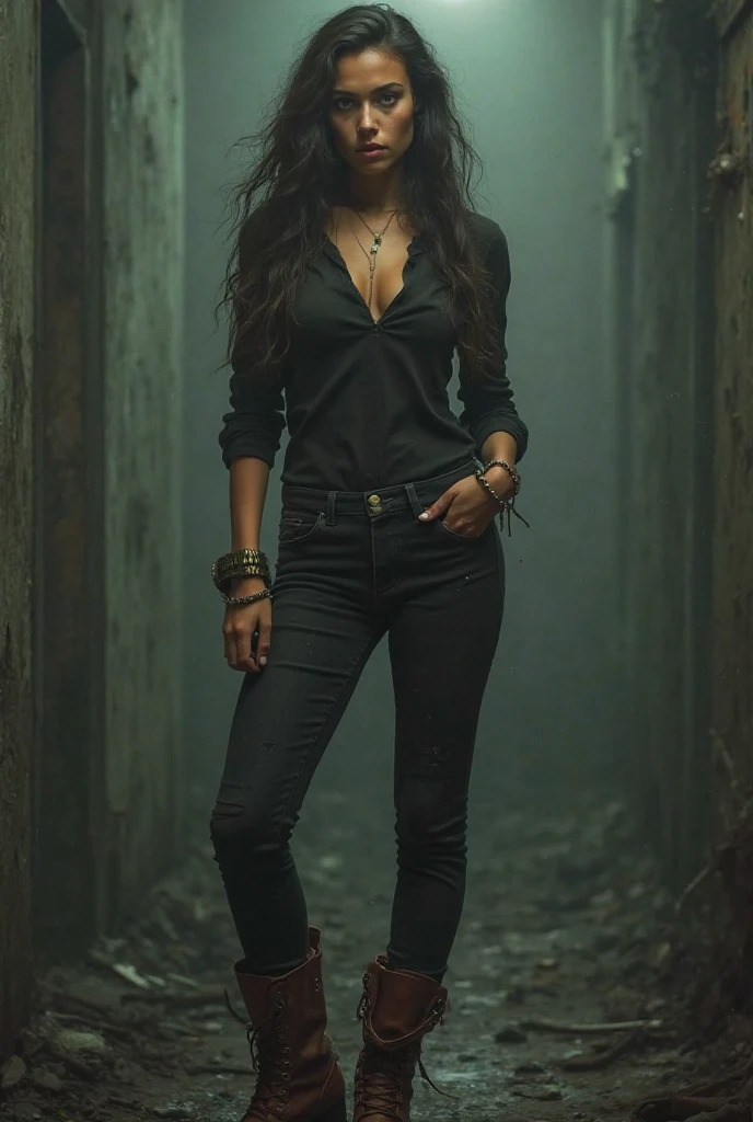 Beautiful woman, medium dark long hair, black sunglasses, jeans, 1 belt, just one body, in the ruins, front view