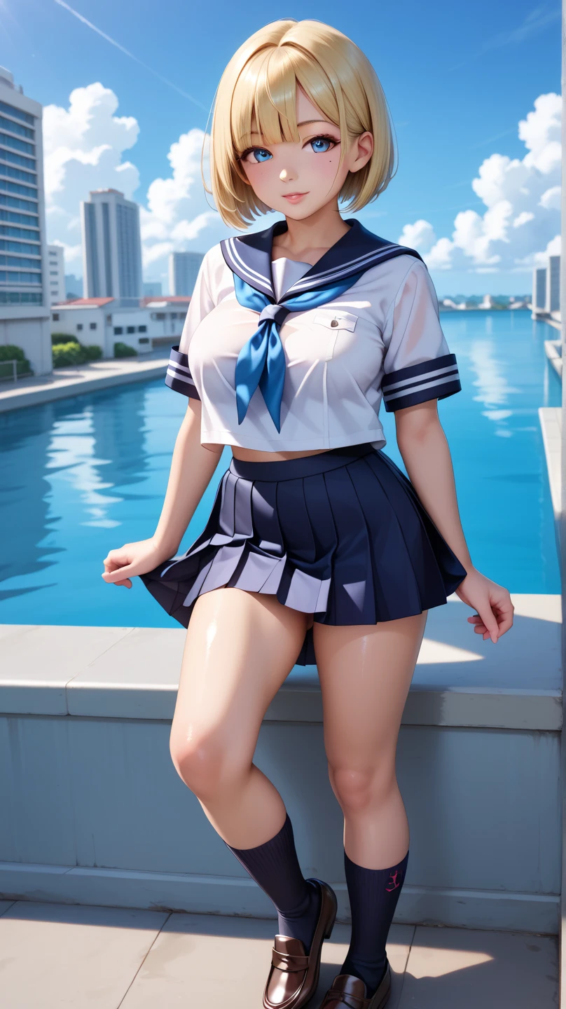 woman,20-year-old,pool,noon,(((Miniskirt School Uniform))),,open mouth smile((leather thigh high boots))(lift the skirt),(big ass),(()),blush、surprised face,(((I can see your pants))),((look back))(cute underwear)