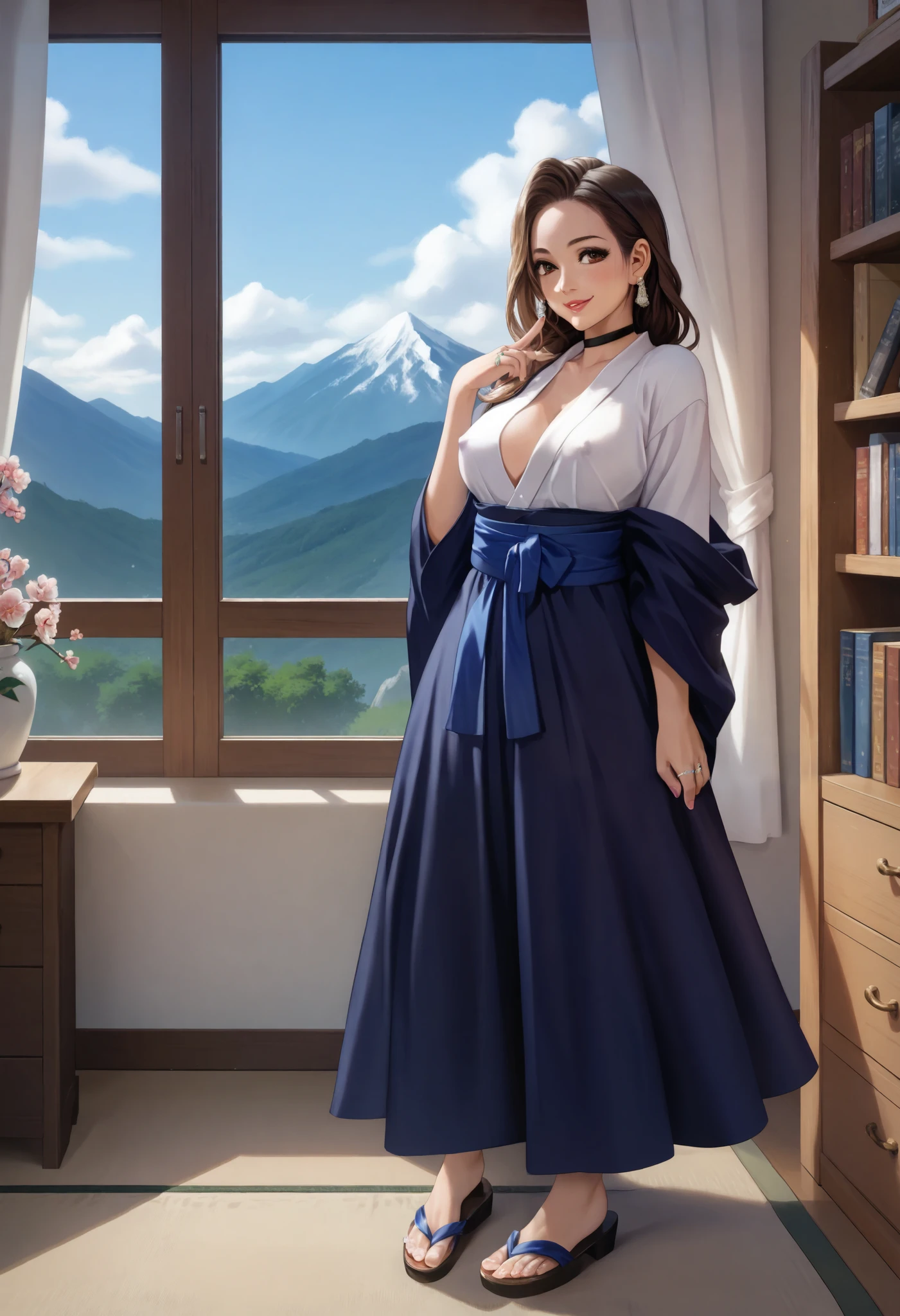 (medium boobs,Beautiful breasts,erect nipples, Ring on the ring finger of the left hand ,black choker,earrings), Chest,  good anatomy ,  masterpiece, TOP QUALITY, 4K, 8k, Professional photography, Soft light,  full body,1 girl, Beautifully flowing hair ,  kimono, (Mountain), cloud,  Separate banks, detailed faces+brown eyes, smile, Closed lips, lipstick, Bookshelf, window,