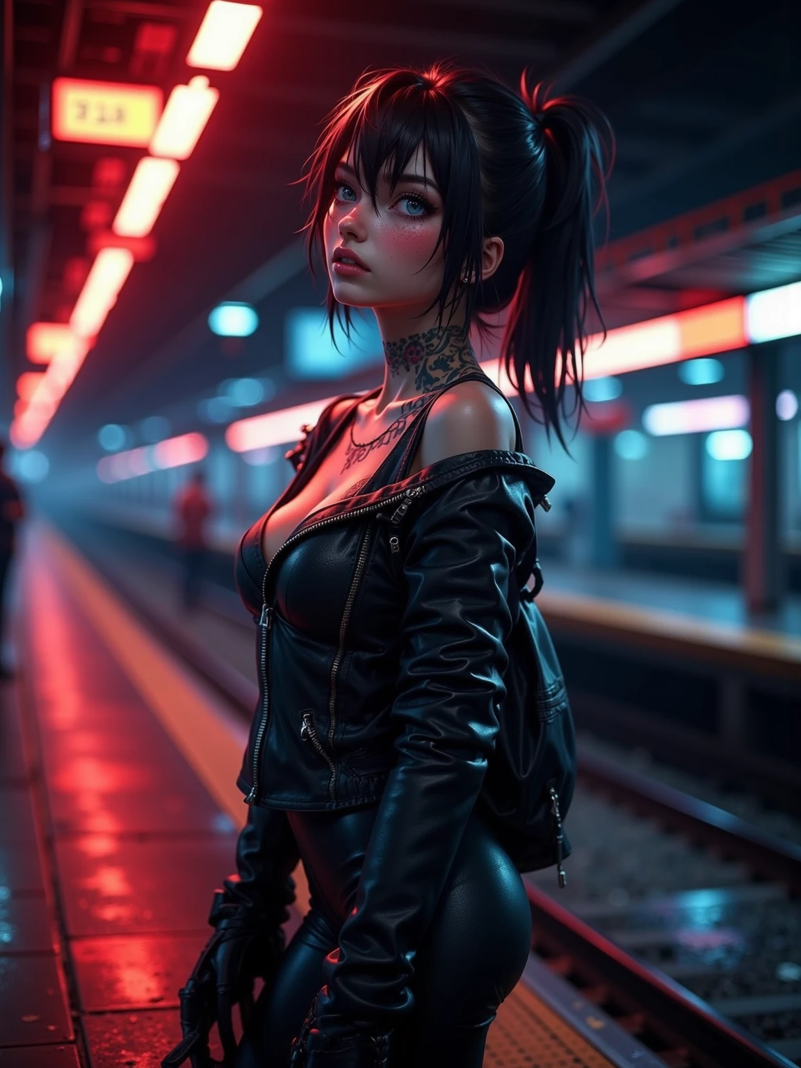 16K, HDR, RTX, ray tracing, best quality, masterpiece, ultra high quality, 3 girls, anime protagonist, tall, mature, cool, edgy, stylish cyberpunk outfit, multi colored hair, heroic drip, aesthetic, amazing, cool, beautiful, mesmerizing, alluring, ethereal, multicolored, highly detailed faces