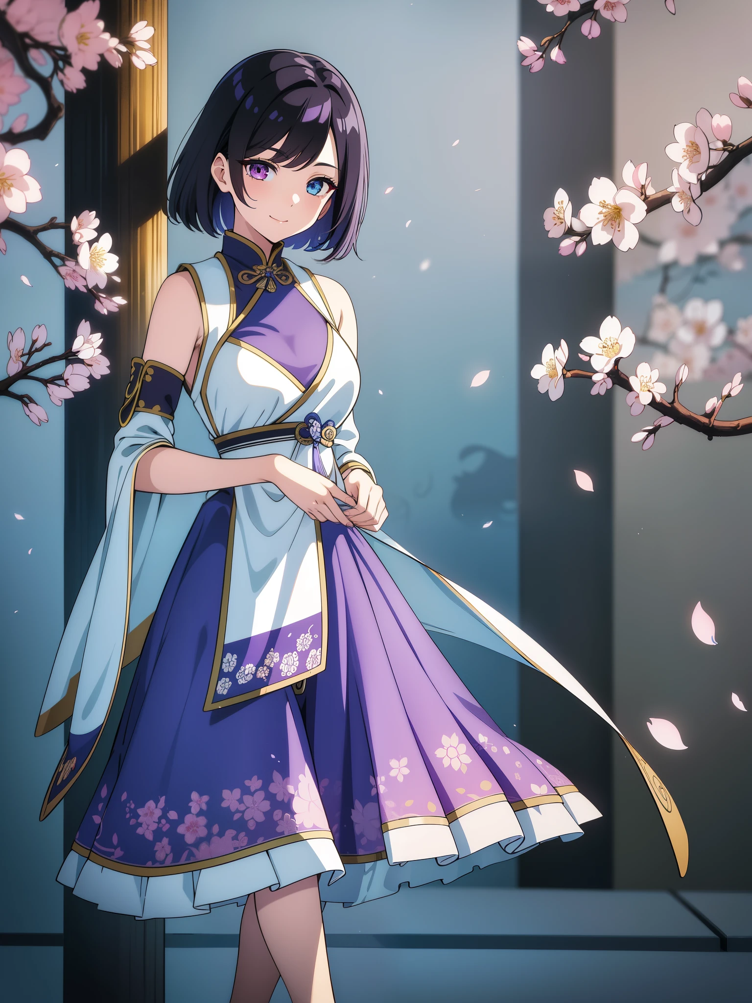 (high-quality, breathtaking),(expressive eyes, perfect face) 1female, girl , solo, ager, asian woman hairstyle, short hair length, soft wave, black hair color, Heterochromia left eye blue and right eye purple, white and black dress, shawl, blue and purple background, music, gentle smile, swirls in background, music notes background, beautiful background, symmetrical eyes, Qing Dynasty Costumes, hairpin, cherry blossom background, full body, portrait, symmetrical body, centred composition, intricate details