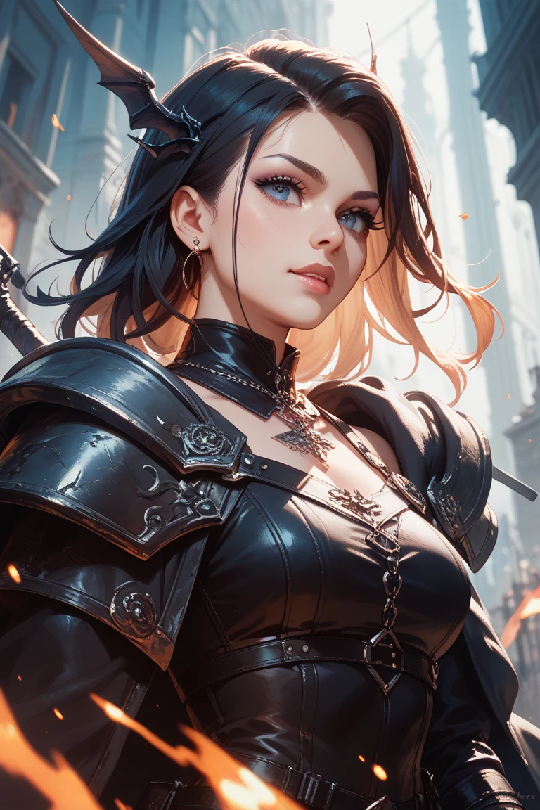 (black long-haired woman, detailed piercing black eyes, serious expression, big breasts, big black armor, warrior, black swordsman, dark, big black sword on her back) (best quality, ultra-detailed, realistic:1.37), strong lighting, dark atmosphere, intense shadows, vibrant colors, oil painting-style, eerie, mysterious, digital illustration, gothic style