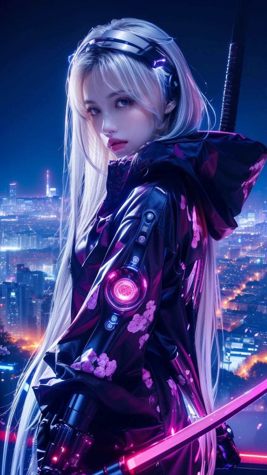 Young woman, futuristic cyberpunk assassin, standing on a rooftop overlooking a neon-lit cityscape at night, (8k, unprocessed photo, highest quality, masterpiece:1.3), (realistic, photorealistic:1.4), intense and piercing gaze with glowing red eyes, long silver-white hair flowing naturally with a slight shimmer (beautiful hair:1.2), stoic and focused facial expression, (perfect anatomy), cybernetic enhancements on face and body with glowing accents, (detailed skin texture), sleek black and purple cybernetic outfit with floral patterns (cherry blossoms), glossy and metallic texture on clothing, holding a katana with a glowing pink blade in a relaxed grip, right hand slightly raised, left hand resting near the hilt, dynamic pose with a slight forward lean, eyes directed slightly downward and to the side, exuding a mysterious and powerful aura, urban skyline with tall buildings, neon lights, and reflections, (complete body), (futuristic atmosphere), (hyper-detailed), (cinematic depth).
​​​​​​​​​​​​​​​​​​​​​​​​​​​​​​​​​​​​​​​​​​​​​​​​​​