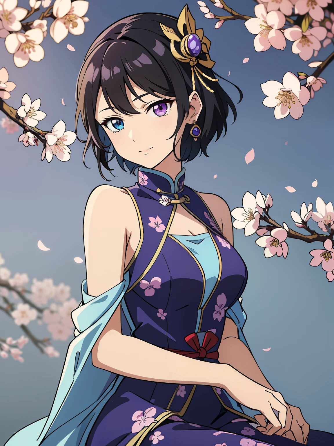 (high-quality, breathtaking),(expressive eyes, perfect face) 1female, girl , solo, ager, asian woman hairstyle, short hair length, soft wave, black hair color, Heterochromia left eye blue and right eye purple, white and black dress, shawl, blue and purple background, music, gentle smile, swirls in background, music notes background, beautiful background, symmetrical eyes, Qing Dynasty Costumes, hairpin, cherry blossom background, gundam art style