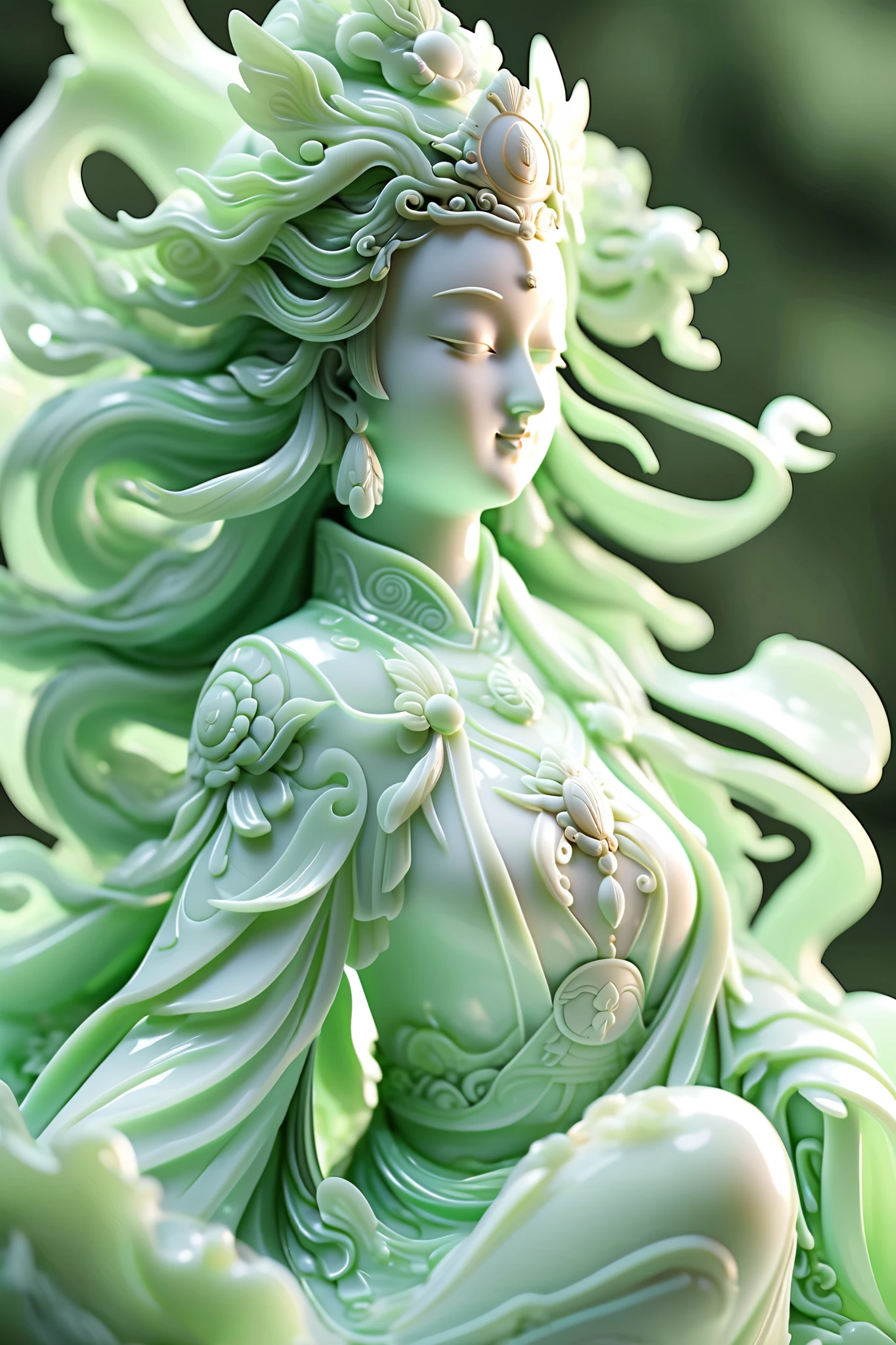jade Sculptureï¼jade, realisticï¼ guan yin, hair ornament, close up shot, pure white skin, cinematic light,