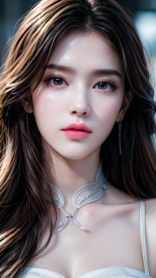 A photo of a 25 year old European girl posing, born, beautiful woman, ( extra long wavy brown hair ), ((portrait)), ((Familiar Face:1.2)), ((familiar facial features)), (finely familiar skin), White Skin, ( White Skirt ), Cyberpunk urban environment , ( cool colorist , wet, reflection masterpiece ) (Perfect proportions)( realistic picture )( top quality combat bed) (familiar) , HDR, ( 8,000) (wallpaper) (movie light) ( Dramatic Lighting ) ( sharp focus) (complex)、((( facial close-up ))),climax的表情,climax, White Clear Wedding Dress 。 full body photo